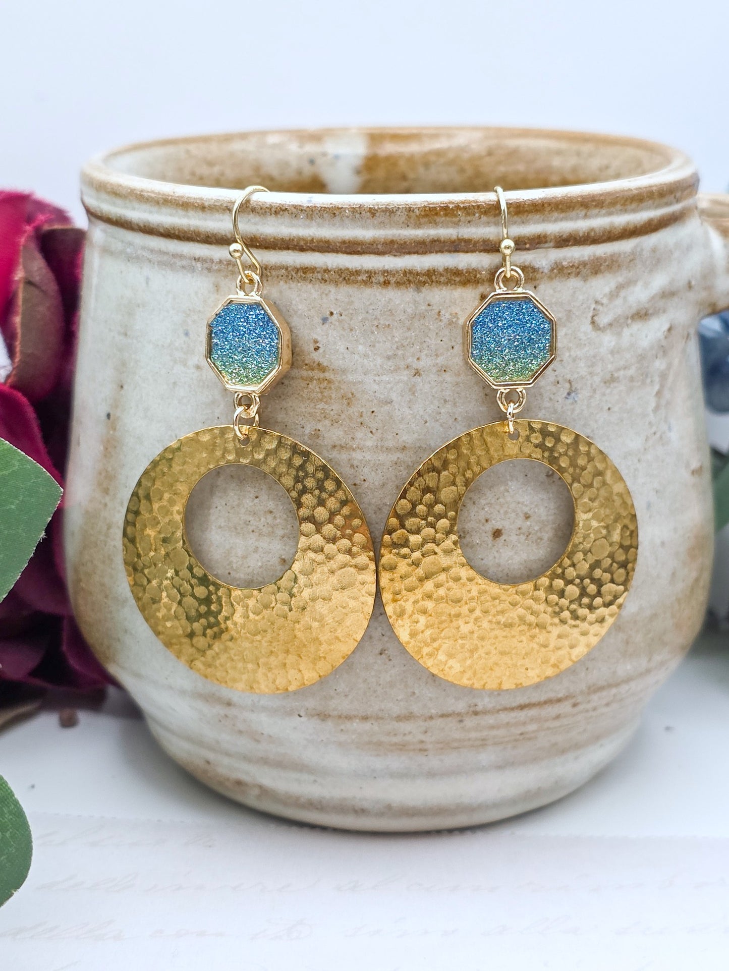 Sparkling Blue Glitter and Gold Hammered Circle Dangles – Boho Statement Earrings, Nicki Lynn Jewelry 