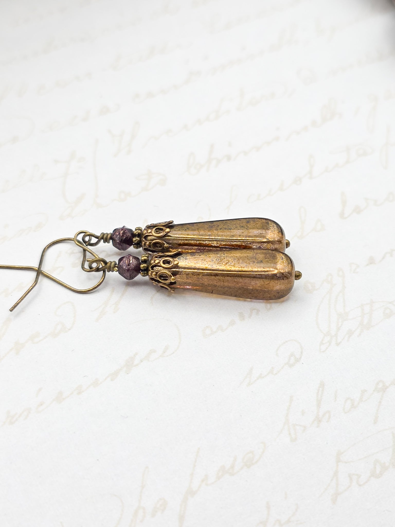 Bronze earrings with Czech glass purple beads 
