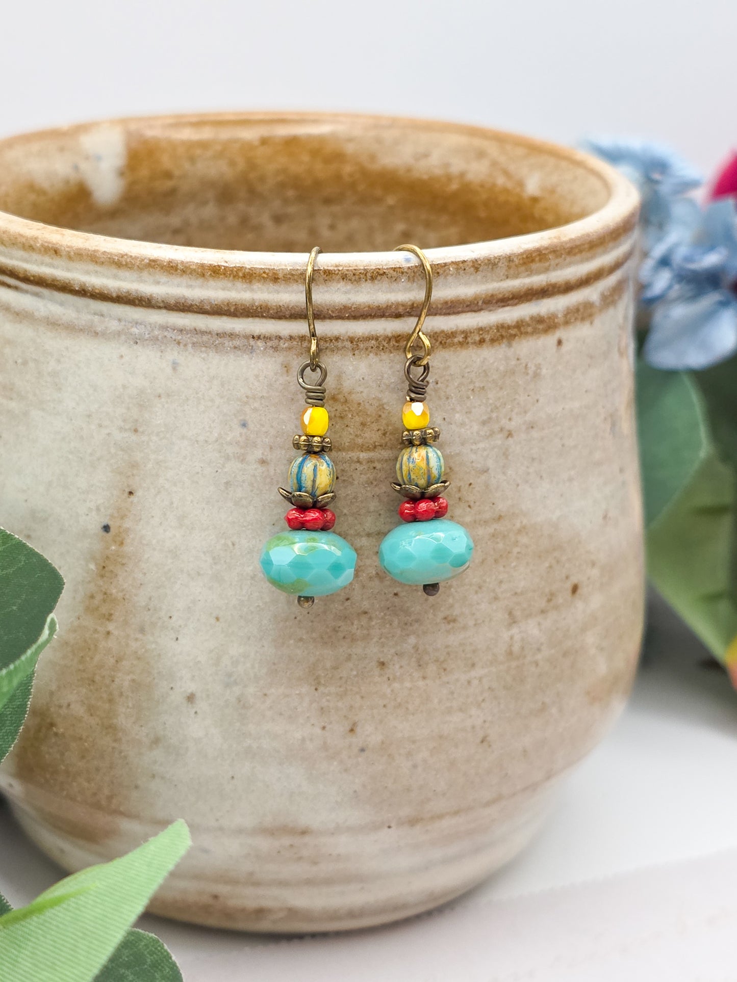 Colorful Turquoise Czech Glass Drop Earrings, Nicki Lynn Jewelry