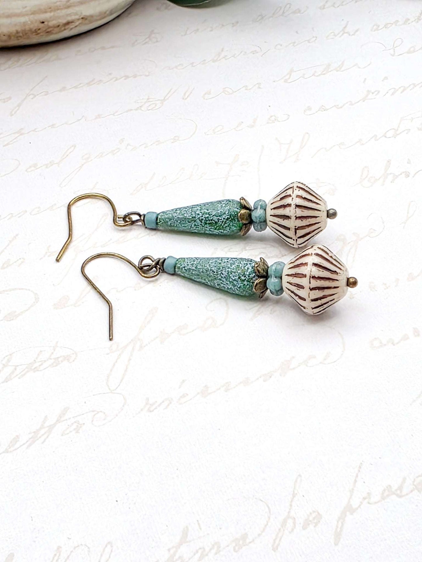 Rustic Teal Drop Earrings with Czech Glass Beads, Nicki Lynn Jewelry 