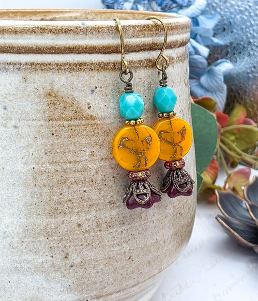 Victorian Style Czech Bead Dangle Earrings, Boho Bird Earrings, Colorful Dangle Earrings-Nicki Lynn Jewelry 