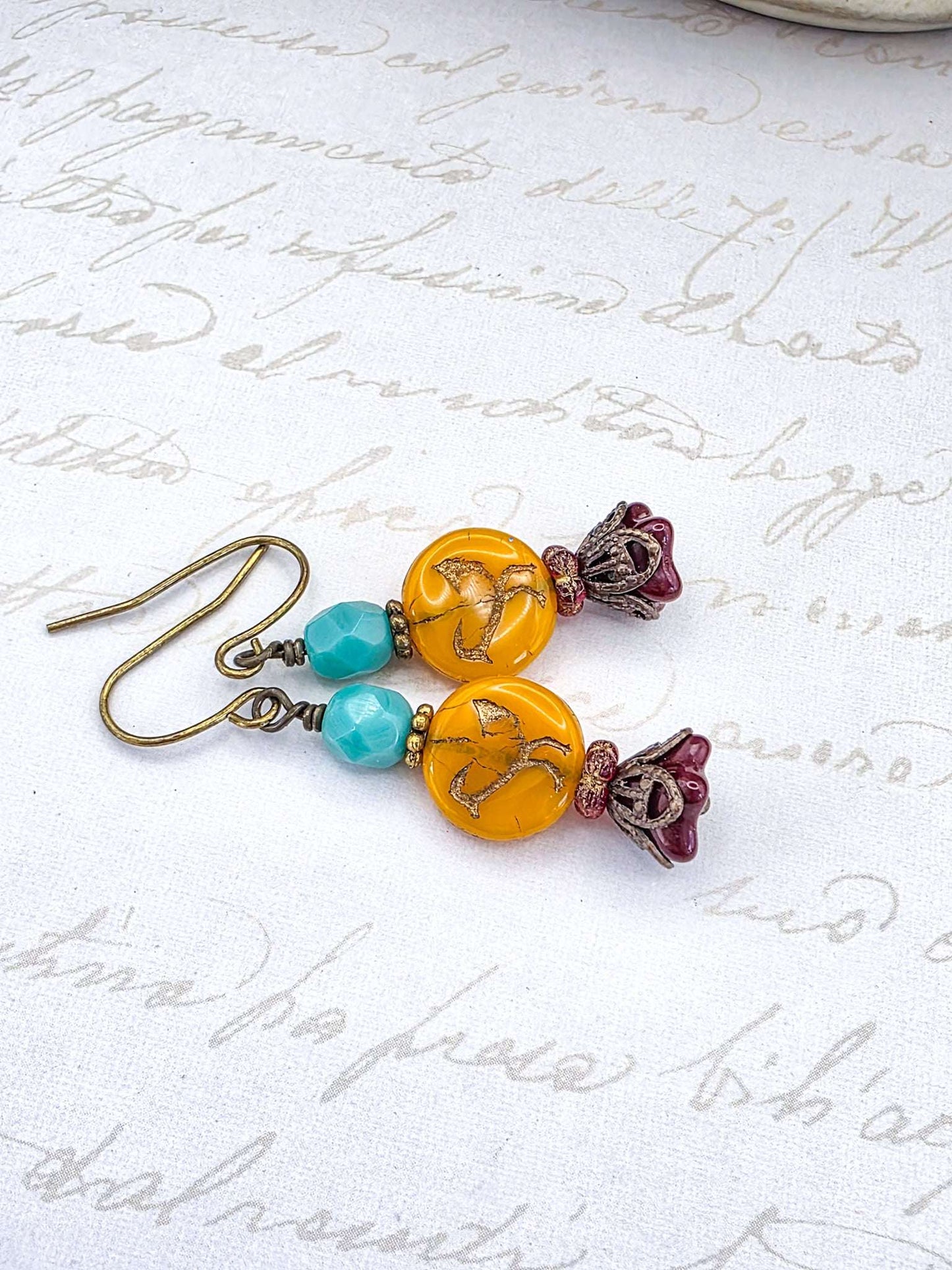 Victorian Style Czech Bead Dangle Earrings, Boho Bird Earrings, Colorful Dangle Earrings-Nicki Lynn Jewelry 
