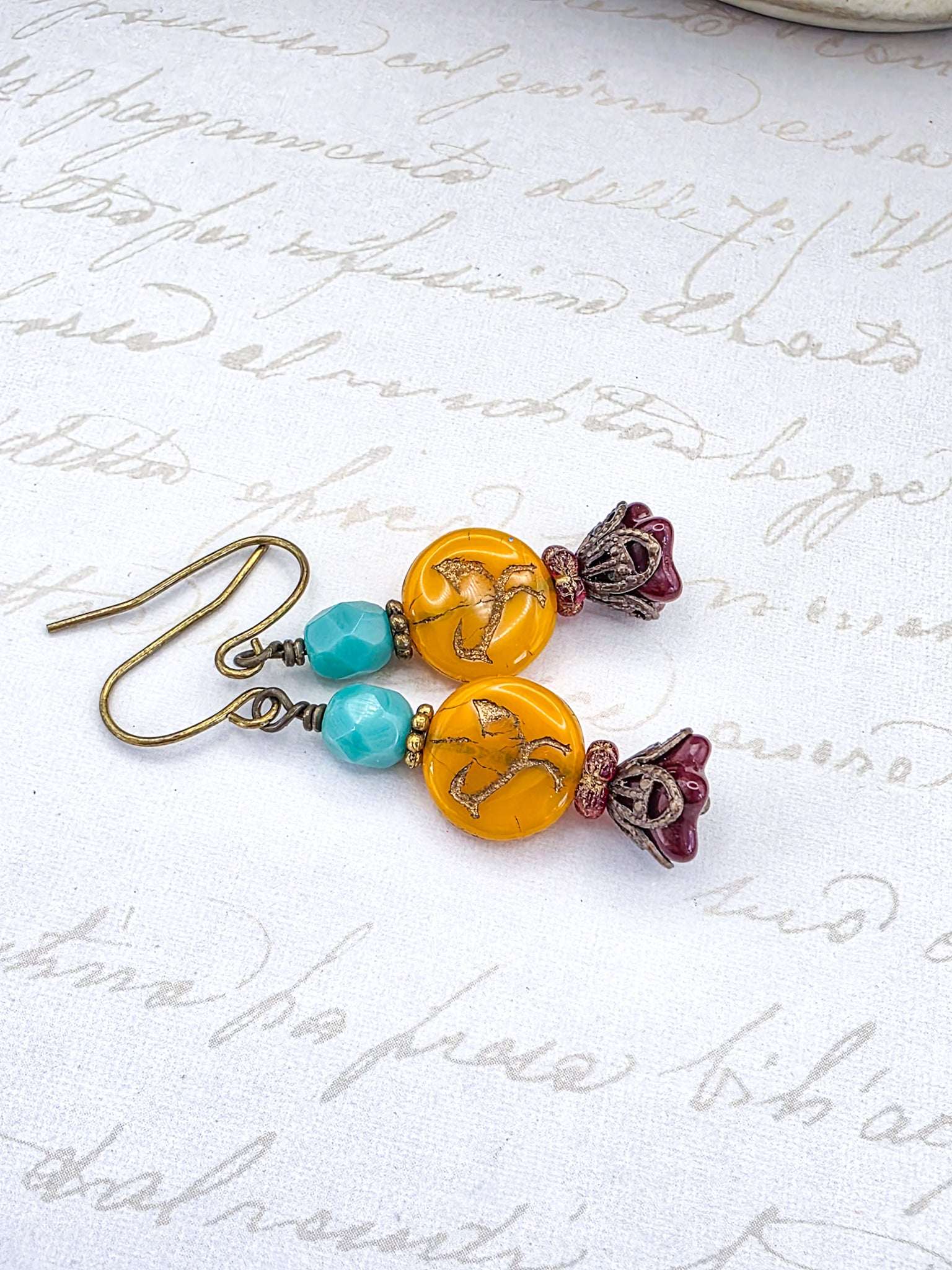 Victorian Style Czech Bead Dangle Earrings, Boho Bird Earrings, Colorful Dangle Earrings-Nicki Lynn Jewelry 