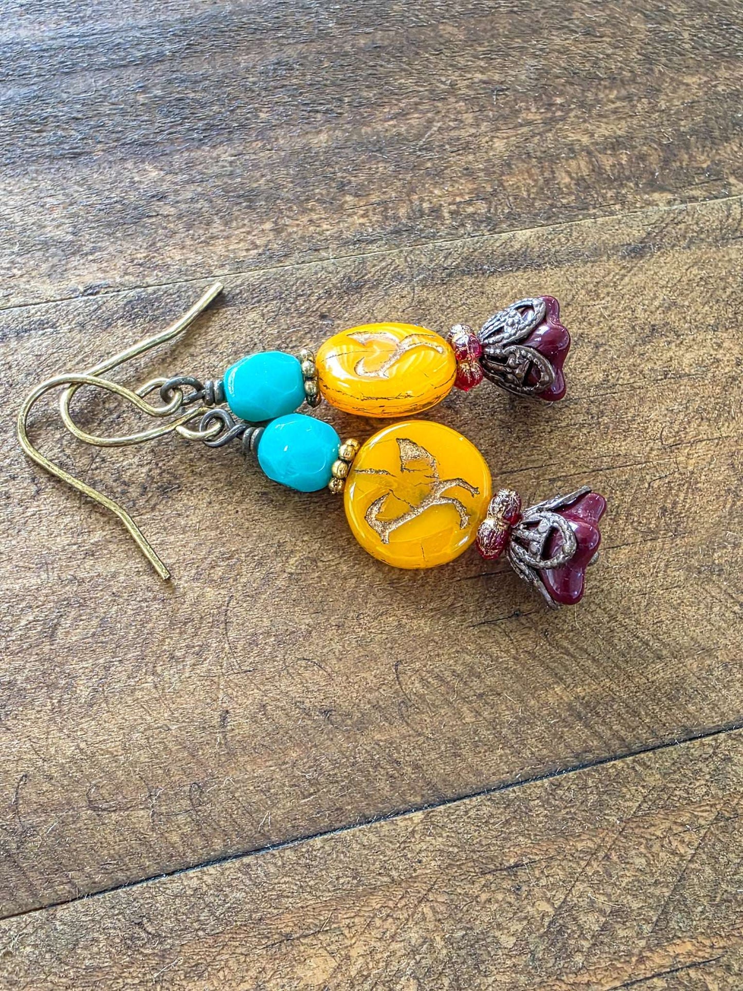 Victorian Style Czech Bead Dangle Earrings, Boho Bird Earrings, Colorful Dangle Earrings-Nicki Lynn Jewelry 