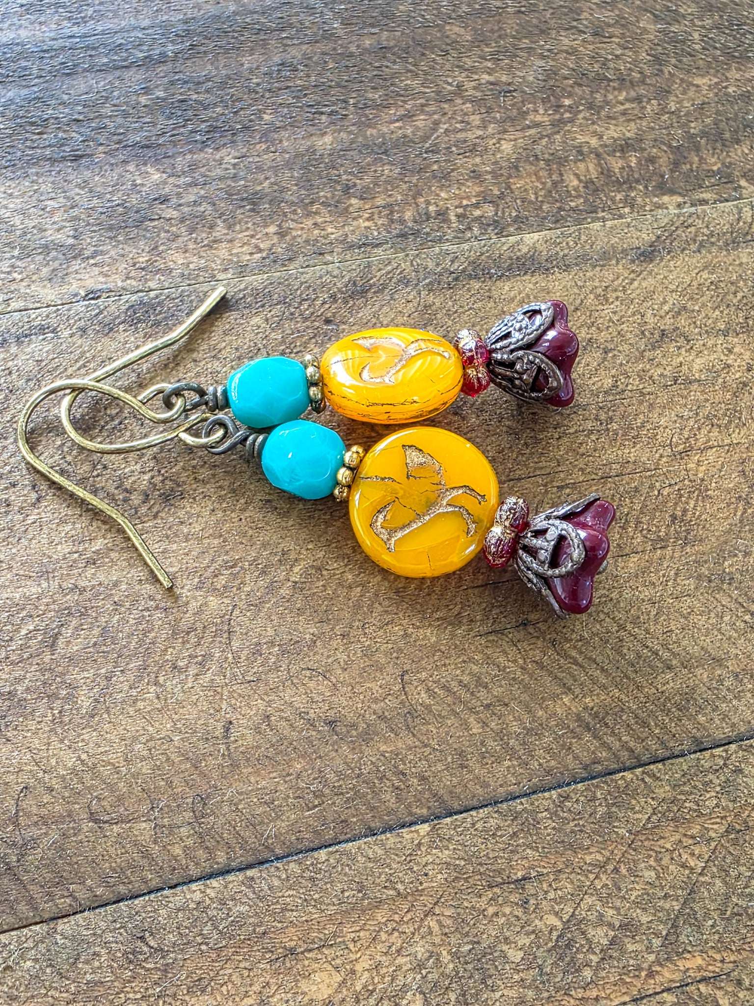 Victorian Style Czech Bead Dangle Earrings, Boho Bird Earrings, Colorful Dangle Earrings-Nicki Lynn Jewelry 