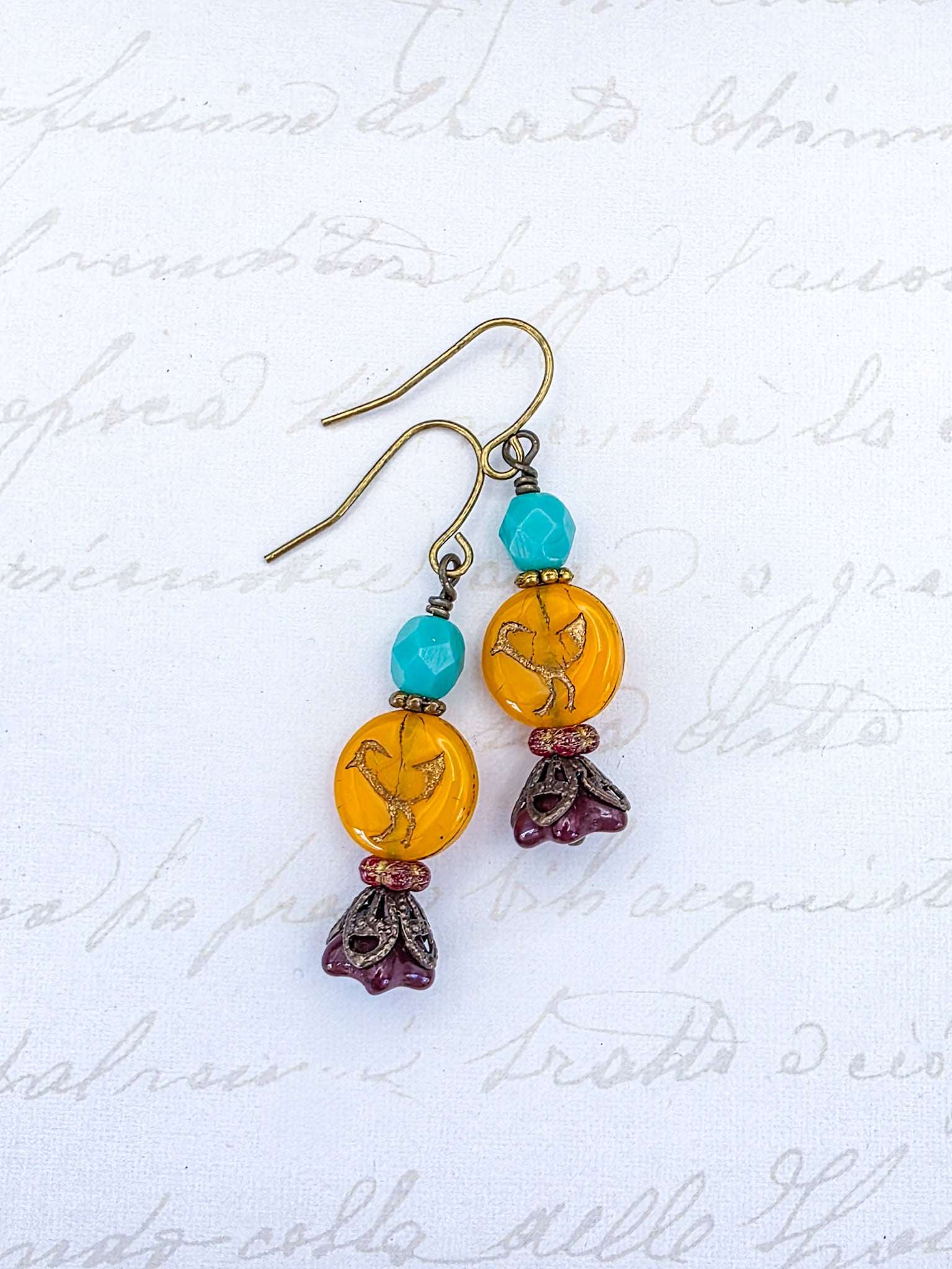 Victorian Style Czech Bead Dangle Earrings, Boho Bird Earrings, Colorful Dangle Earrings-Nicki Lynn Jewelry 