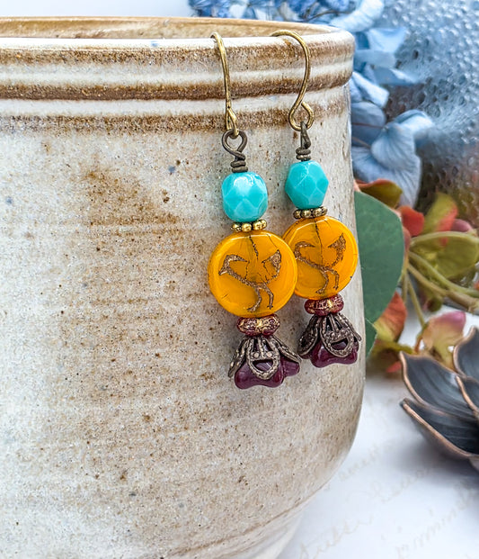 Victorian Style Czech Bead Dangle Earrings, Boho Bird Earrings, Colorful Dangle Earrings-Nicki Lynn Jewelry 