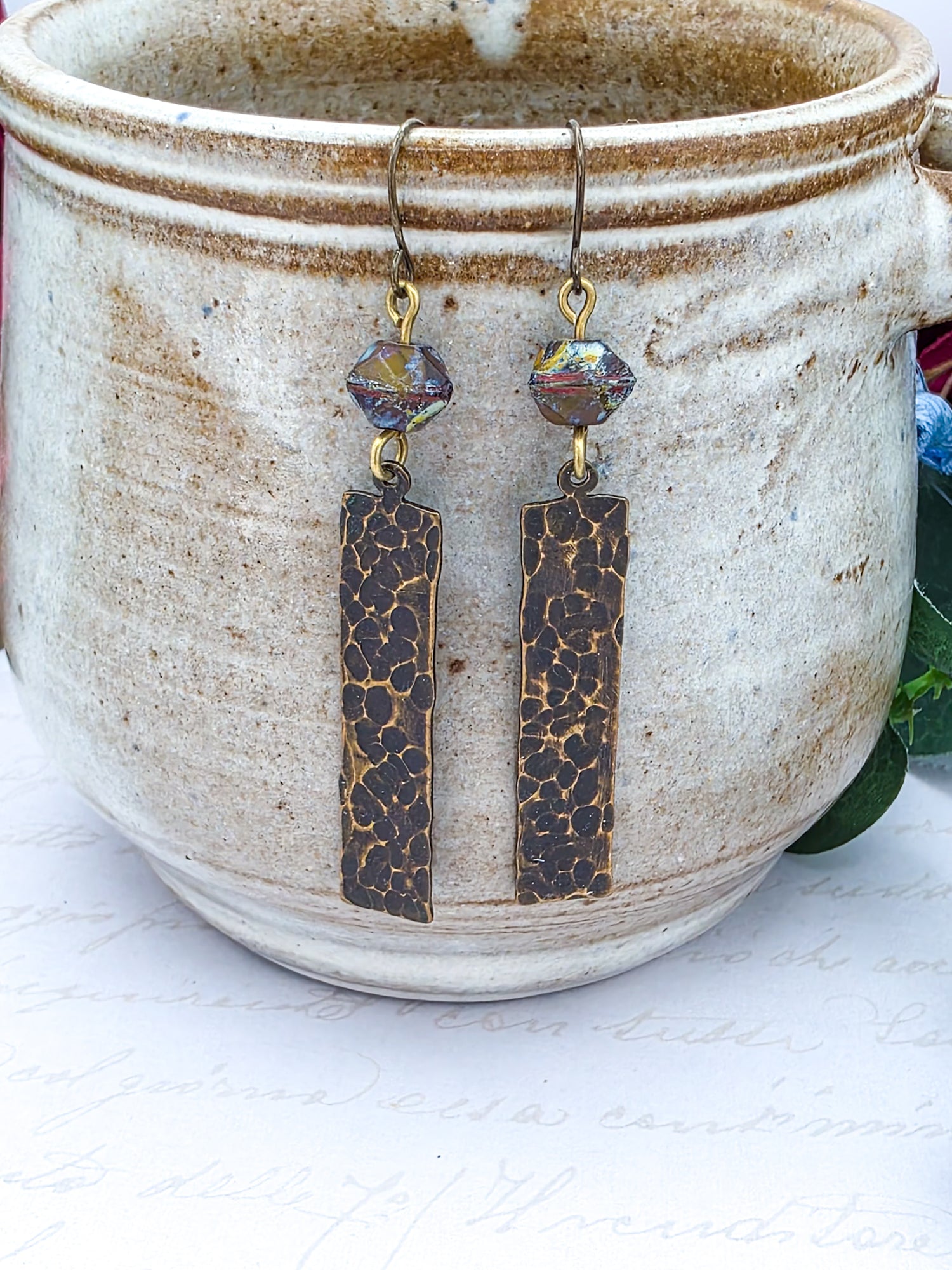 Earthy Textured Brass Bar Earrings - Nicki Lynn Jewelry