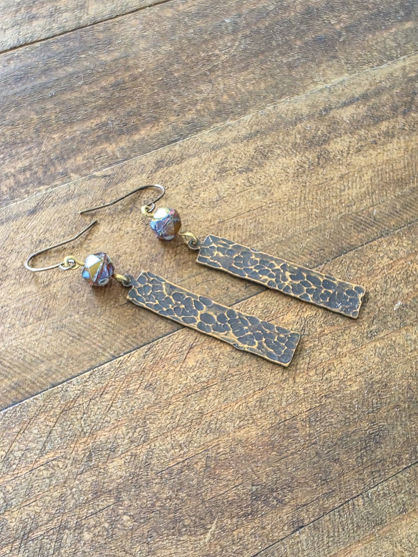 Hammered Brass and Rustic Czech Glass Drop Earrings