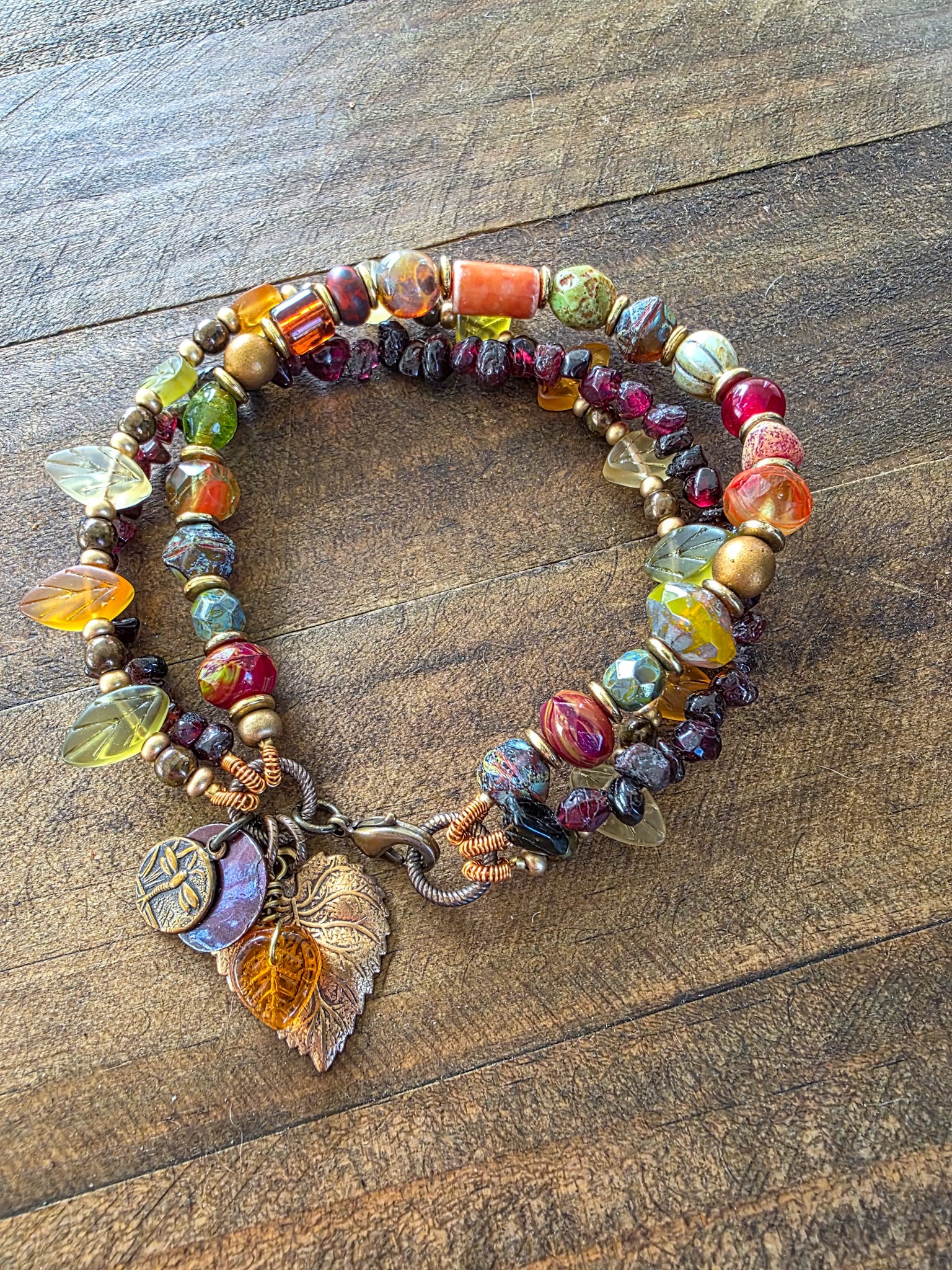 Multi Colored Three Layer Czech Glass Beaded Bracelet- Earthy Nature Design-Nicki Lynn Jewelry 