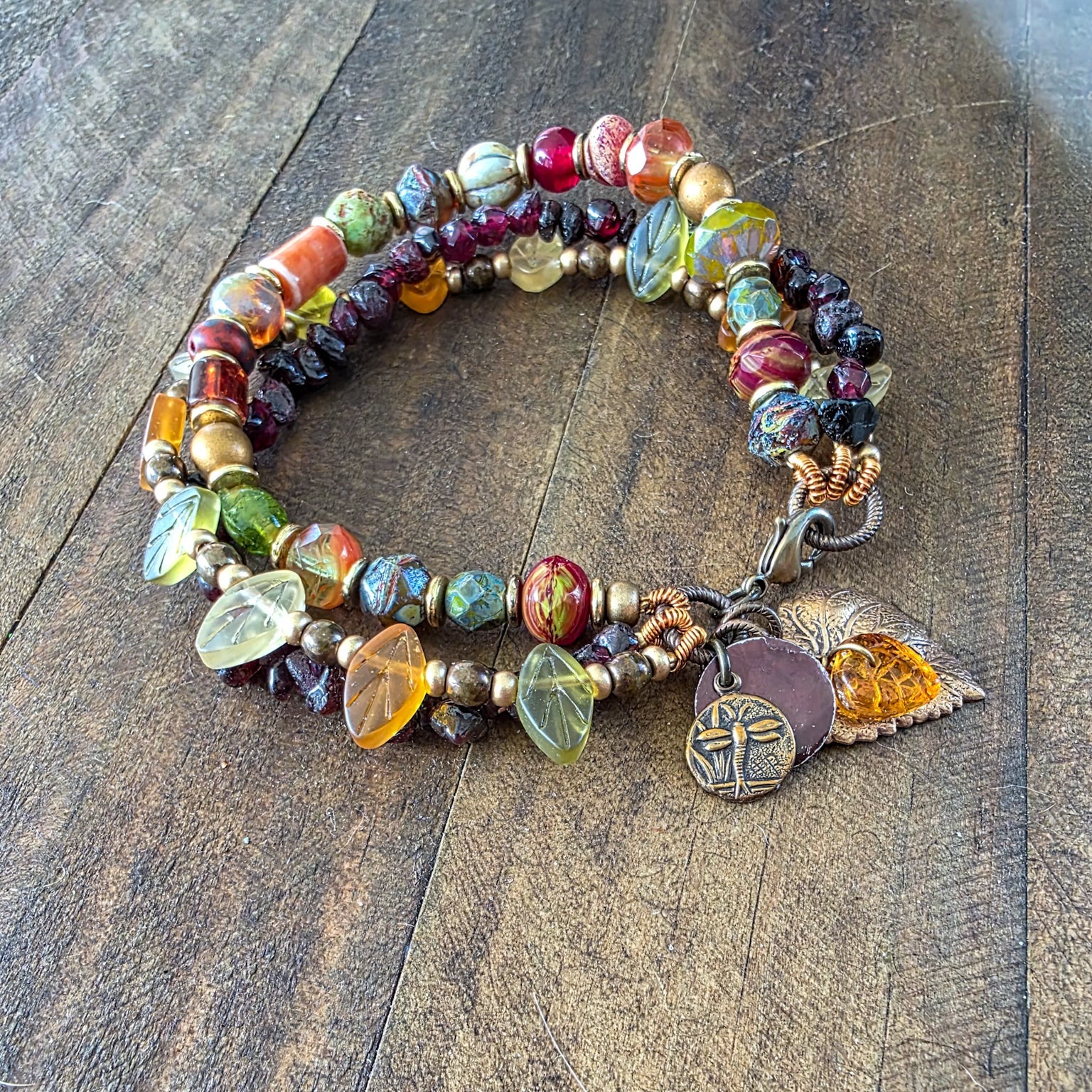 Multi Colored Three Layer Czech Glass Beaded Bracelet- Earthy Nature Design-Nicki Lynn Jewelry 