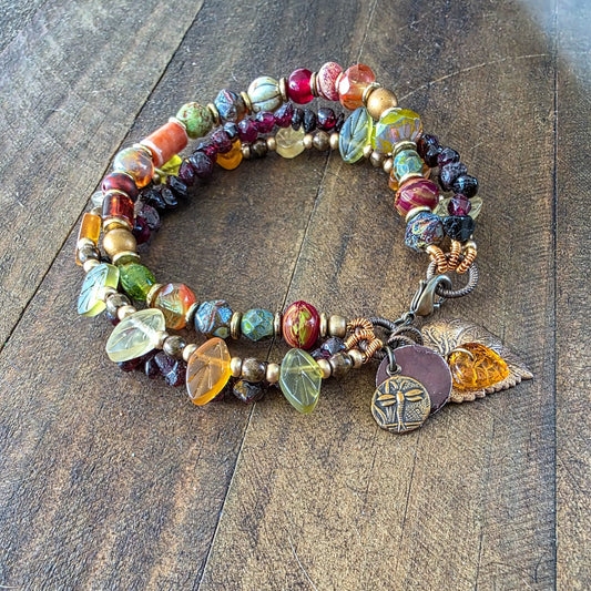 Multi Colored Three Layer Czech Glass Beaded Bracelet- Earthy Nature Design-Nicki Lynn Jewelry 