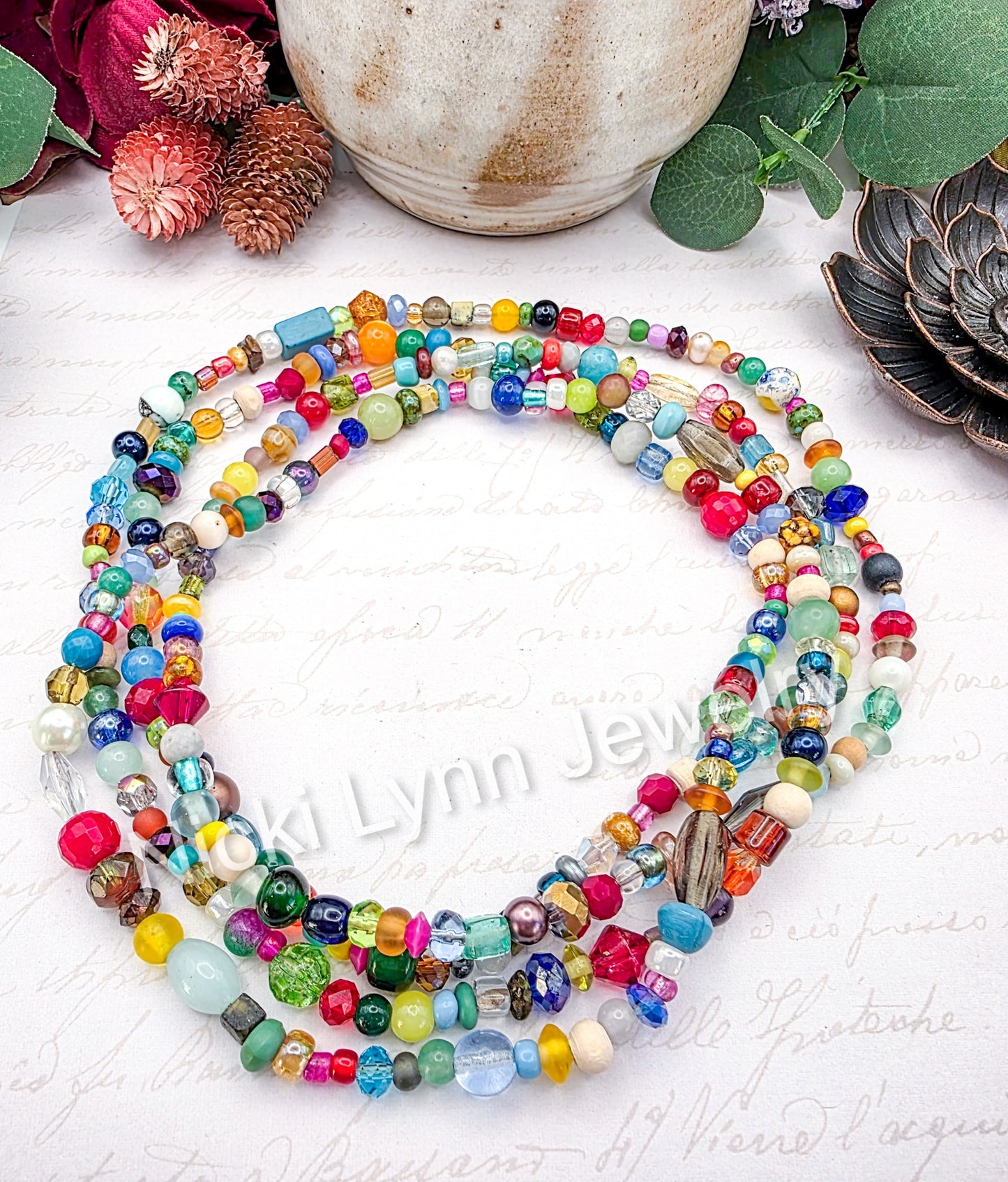 Boho Glass & Gemstone Bead Necklace- Multicolor Beaded Necklace- Nicki Lynn Jewelry 