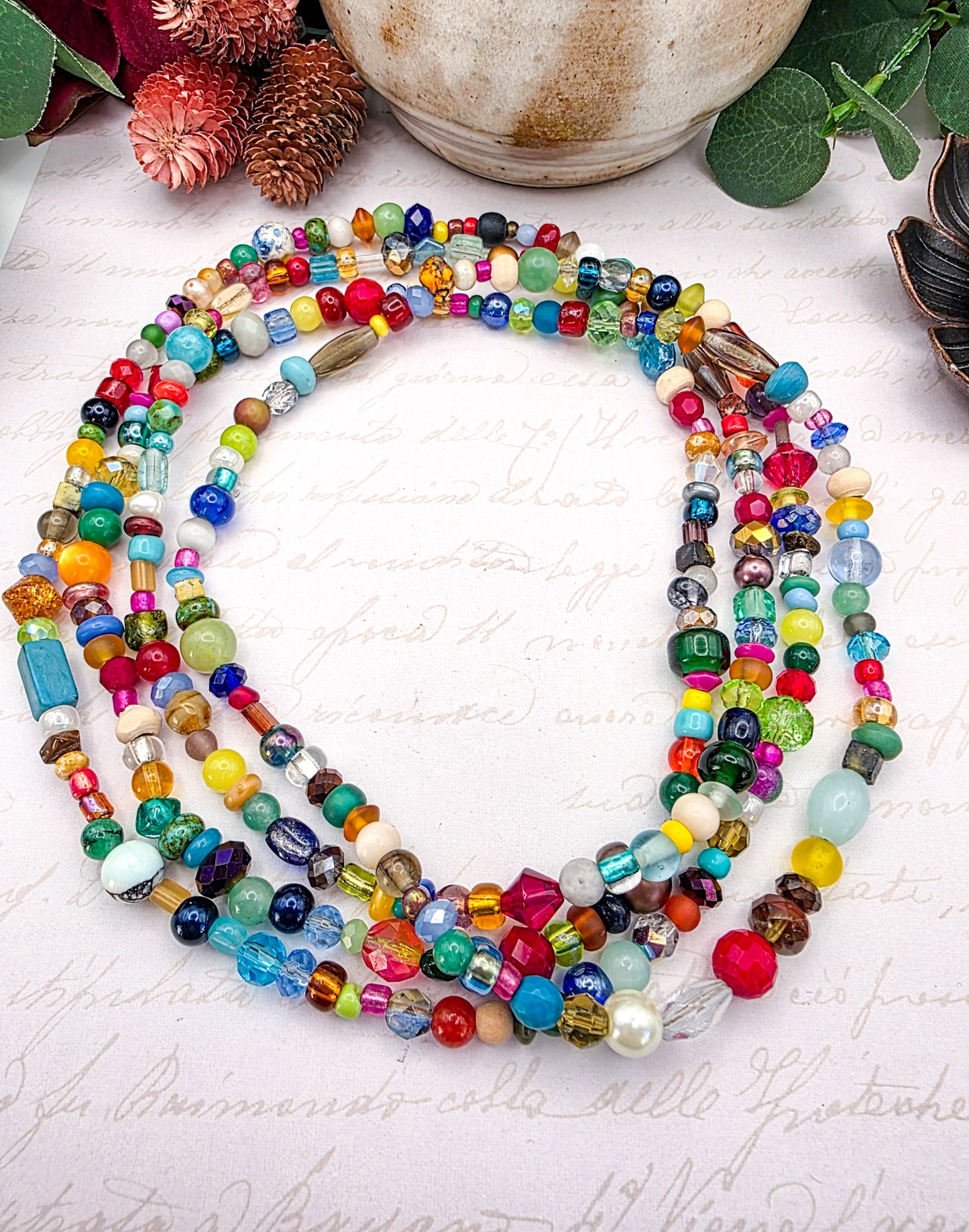 Boho Glass & Gemstone Bead Necklace- Multicolor Beaded Necklace- Nicki Lynn Jewelry 
