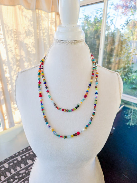 Boho Glass & Gemstone Bead Necklace- Multicolor Beaded Necklace- Nicki Lynn Jewelry 
