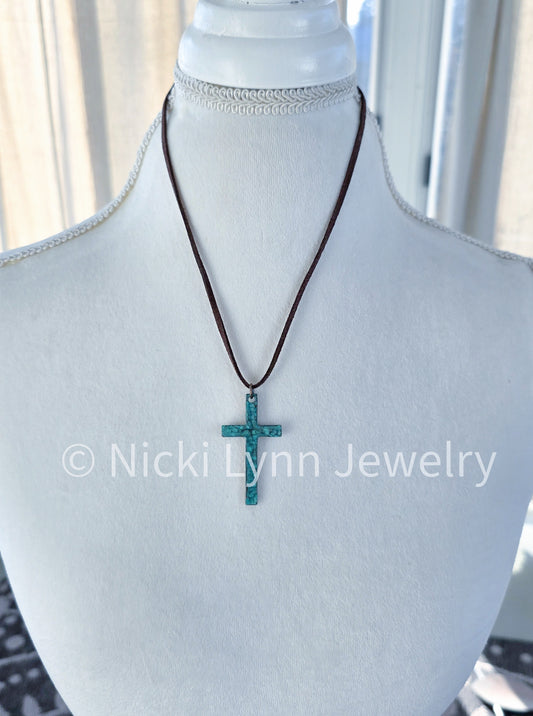 Rustic Cross Necklace- Hammered Metal Patina Pendant-Nicki Lynn Jewelry