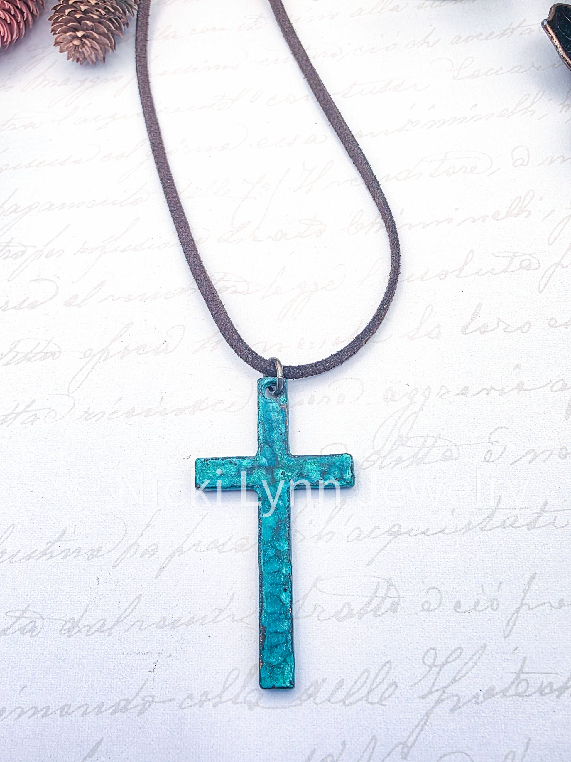 Rustic Cross Necklace- Hammered Metal Patina Pendant-Nicki Lynn Jewelry