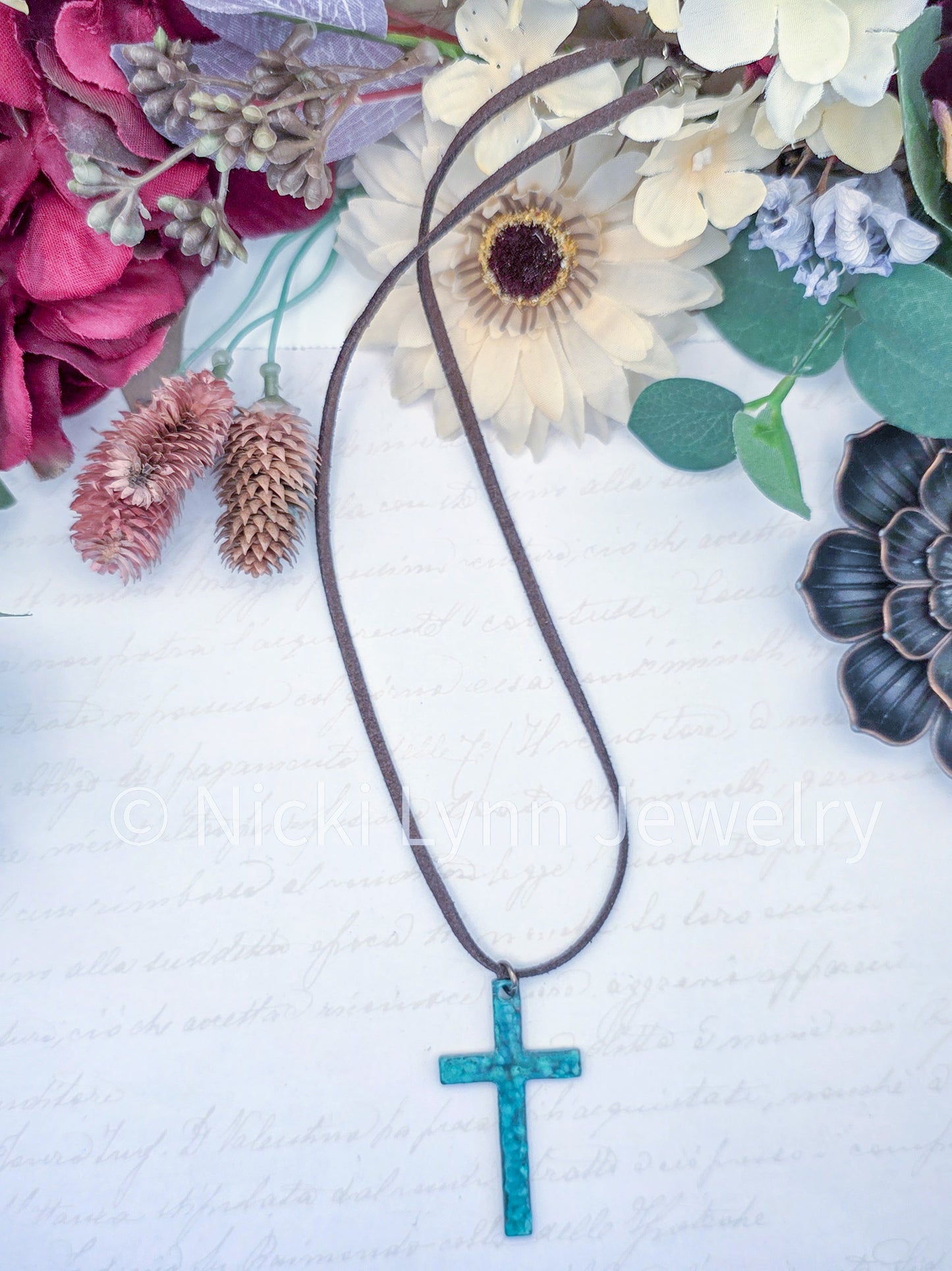 Rustic Cross Necklace- Hammered Metal Patina Pendant-Nicki Lynn Jewelry