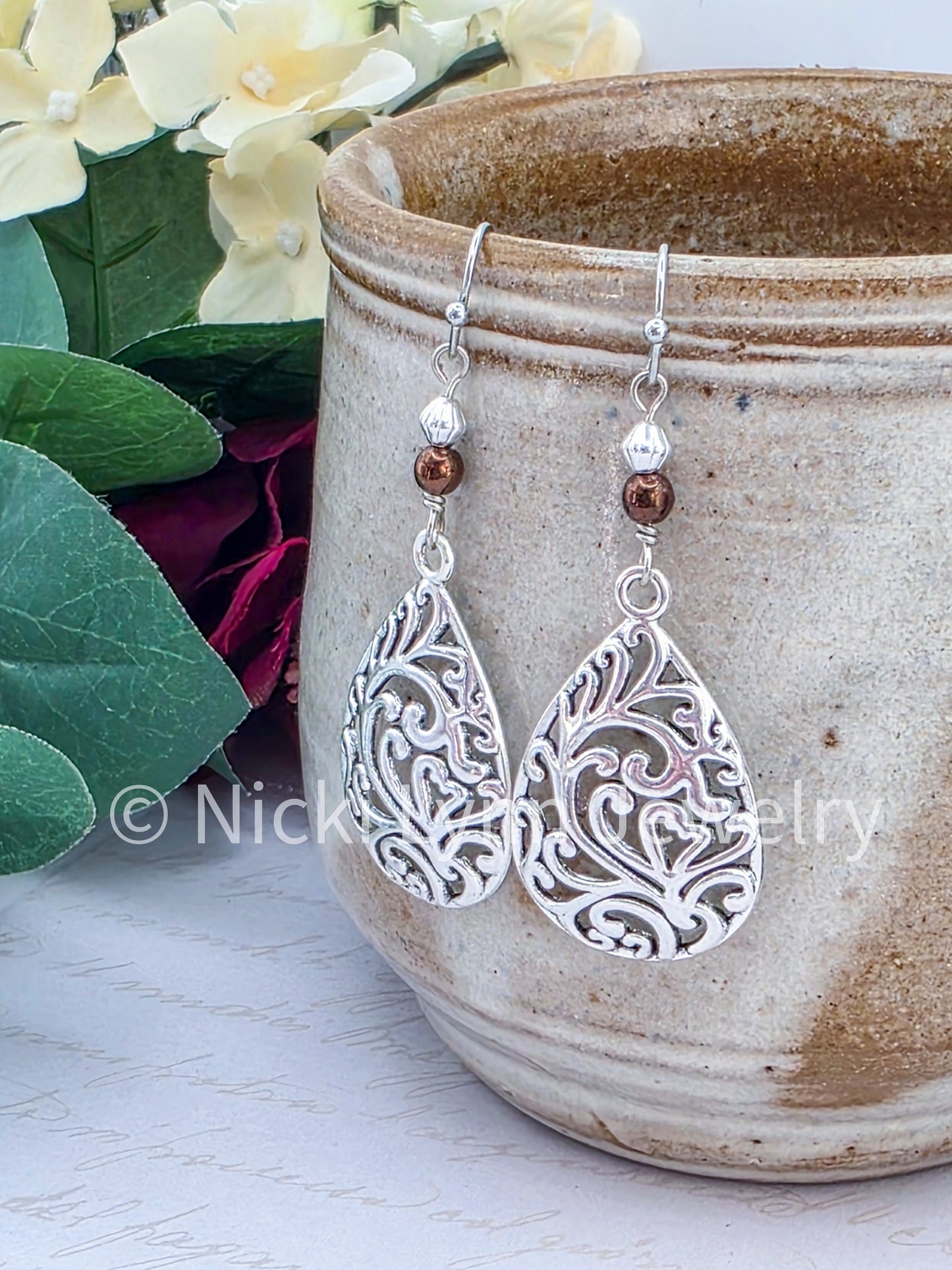 Silver Boho Filigree Teardrop Dangle Earrings- Nicki Lynn Jewelry 