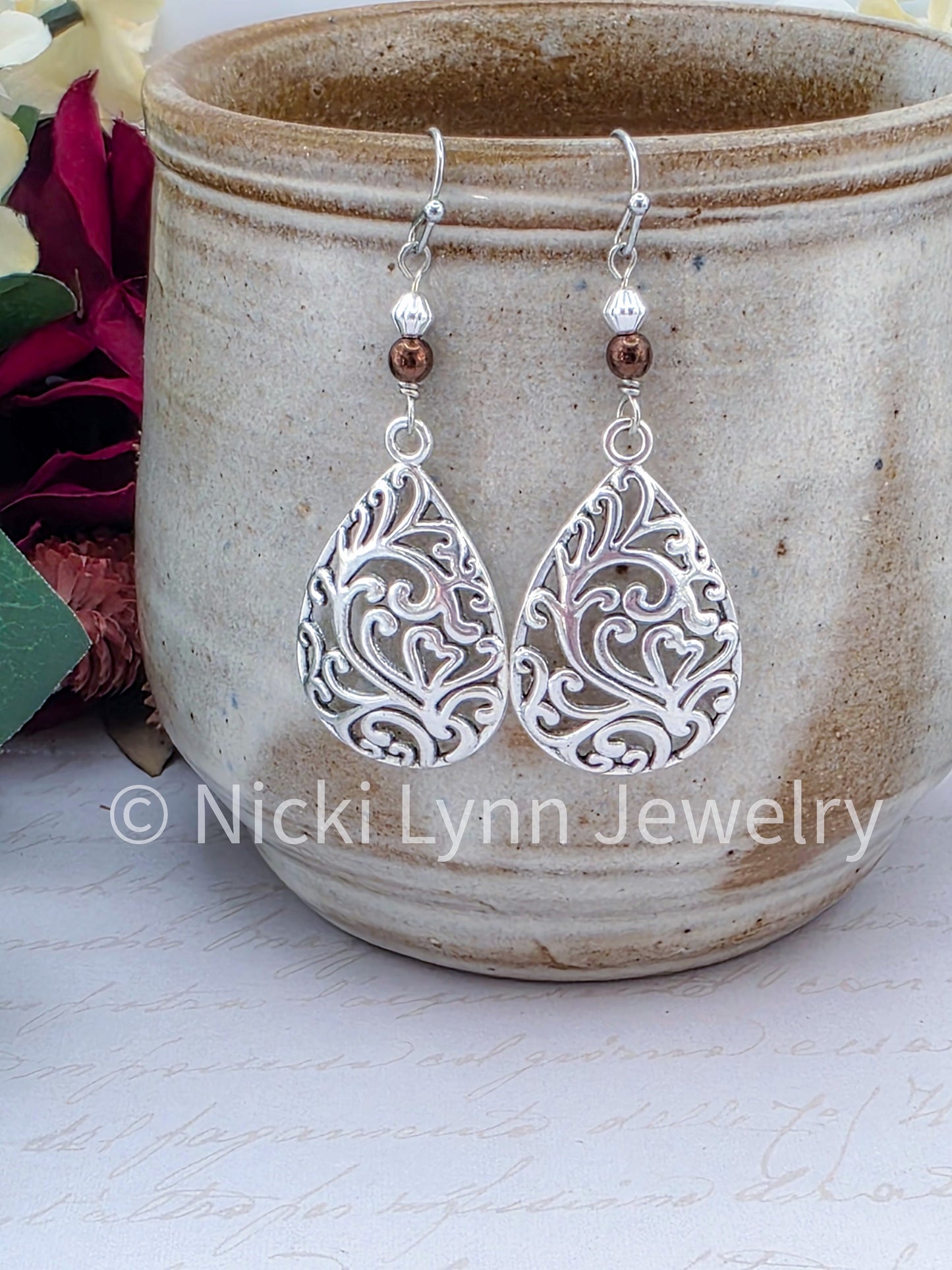 Silver Boho Filigree Teardrop Dangle Earrings- Nicki Lynn Jewelry 