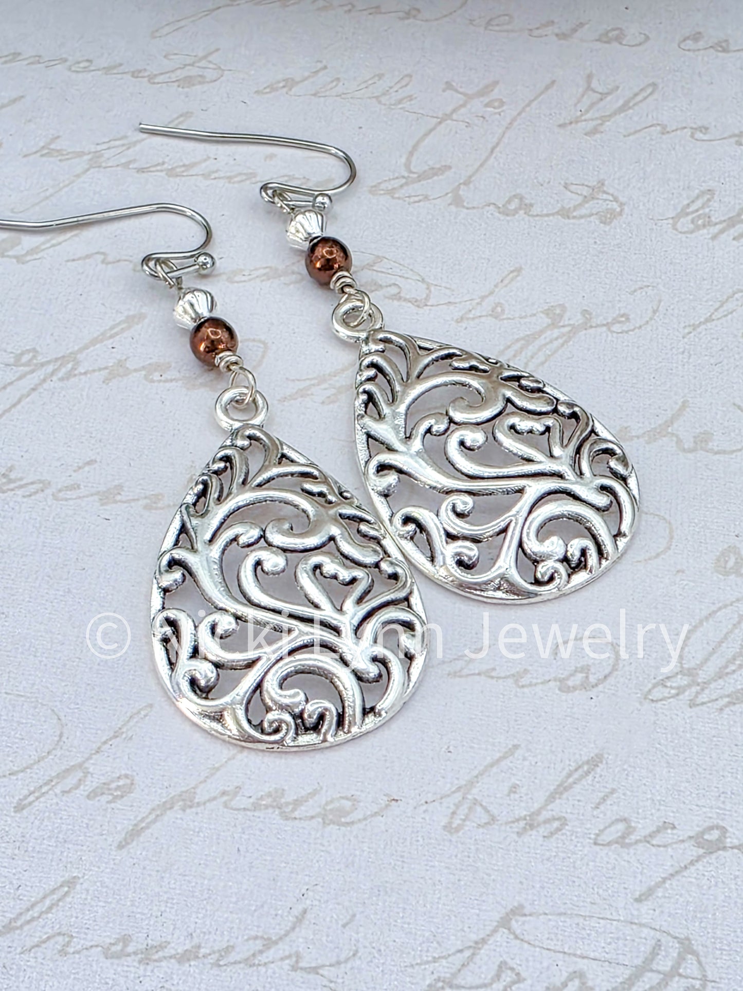 Silver Boho Filigree Teardrop Dangle Earrings- Nicki Lynn Jewelry 