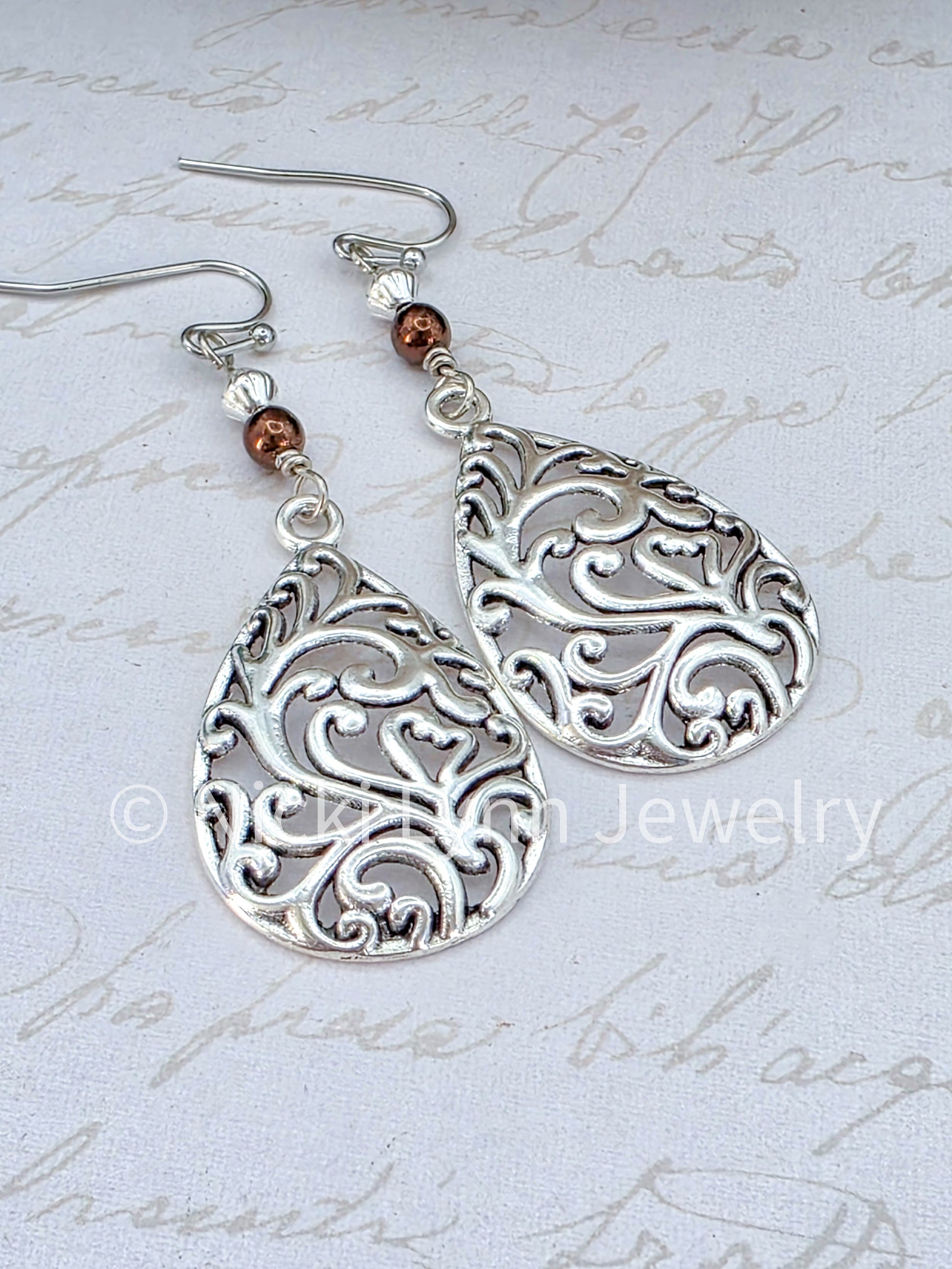 Silver Boho Filigree Teardrop Dangle Earrings- Nicki Lynn Jewelry 