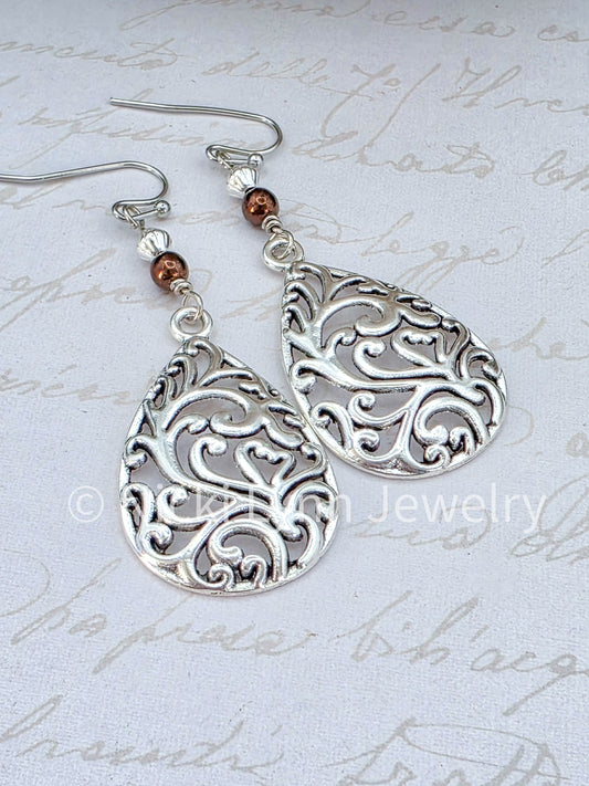 Silver Boho Filigree Teardrop Dangle Earrings- Nicki Lynn Jewelry 