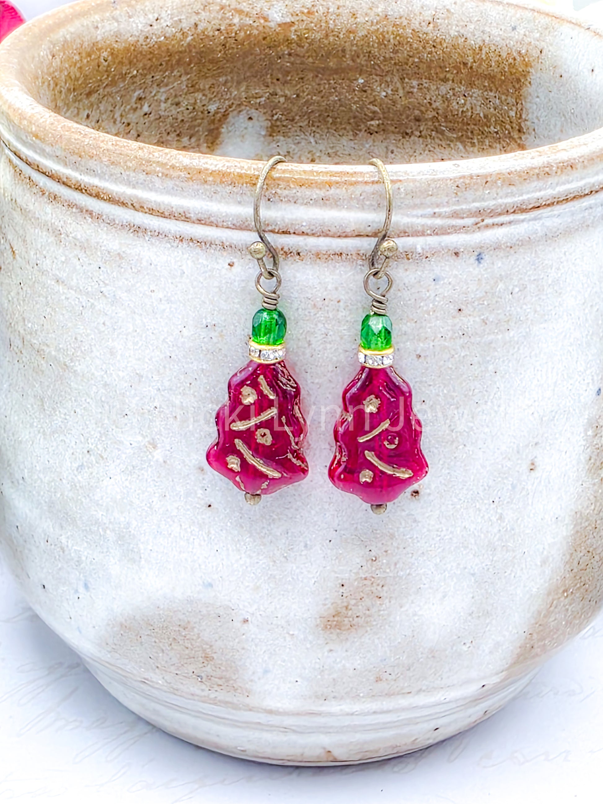 Red Czech Glass Christmas Tree Earrings - Nicki Lynn Jewelry