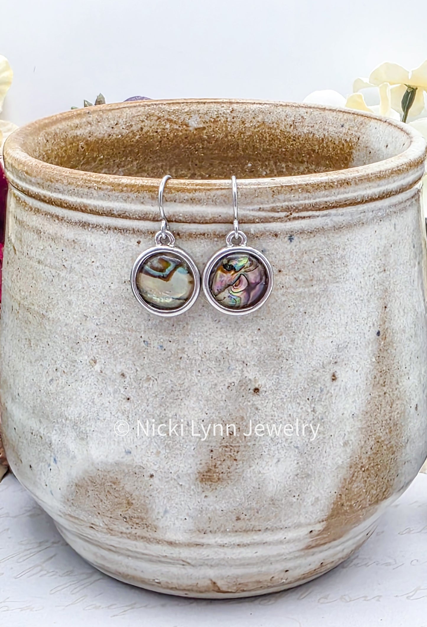 Silver Round Abalone Shell Dangle Drop Earrings- Nicki Lynn Jewelry 