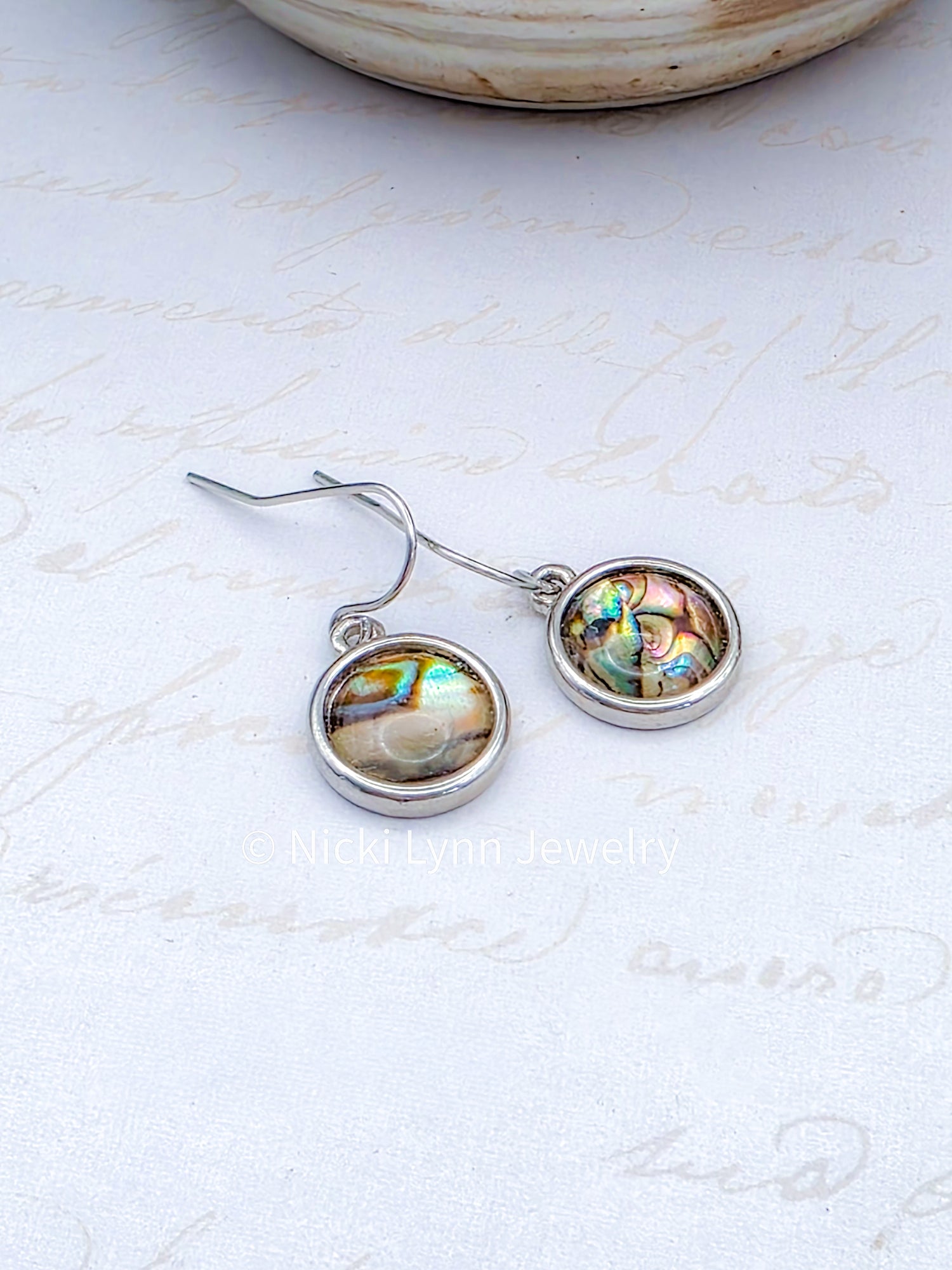 Silver Round Abalone Shell Dangle Drop Earrings- Nicki Lynn Jewelry 