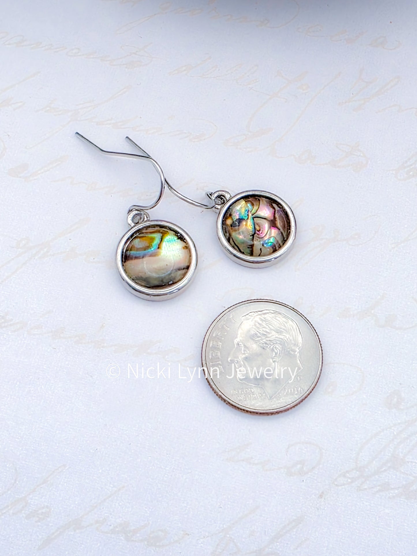 Silver Round Abalone Shell Dangle Drop Earrings- Nicki Lynn Jewelry 