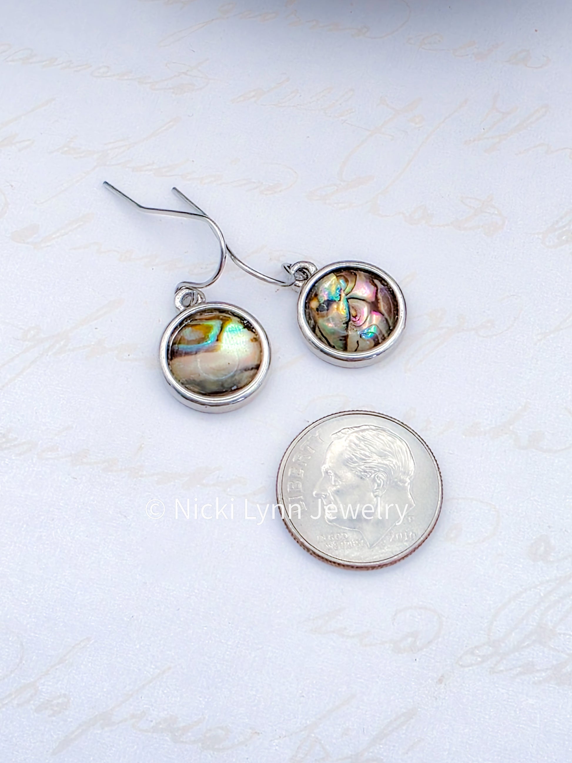 Silver Round Abalone Shell Dangle Drop Earrings- Nicki Lynn Jewelry 