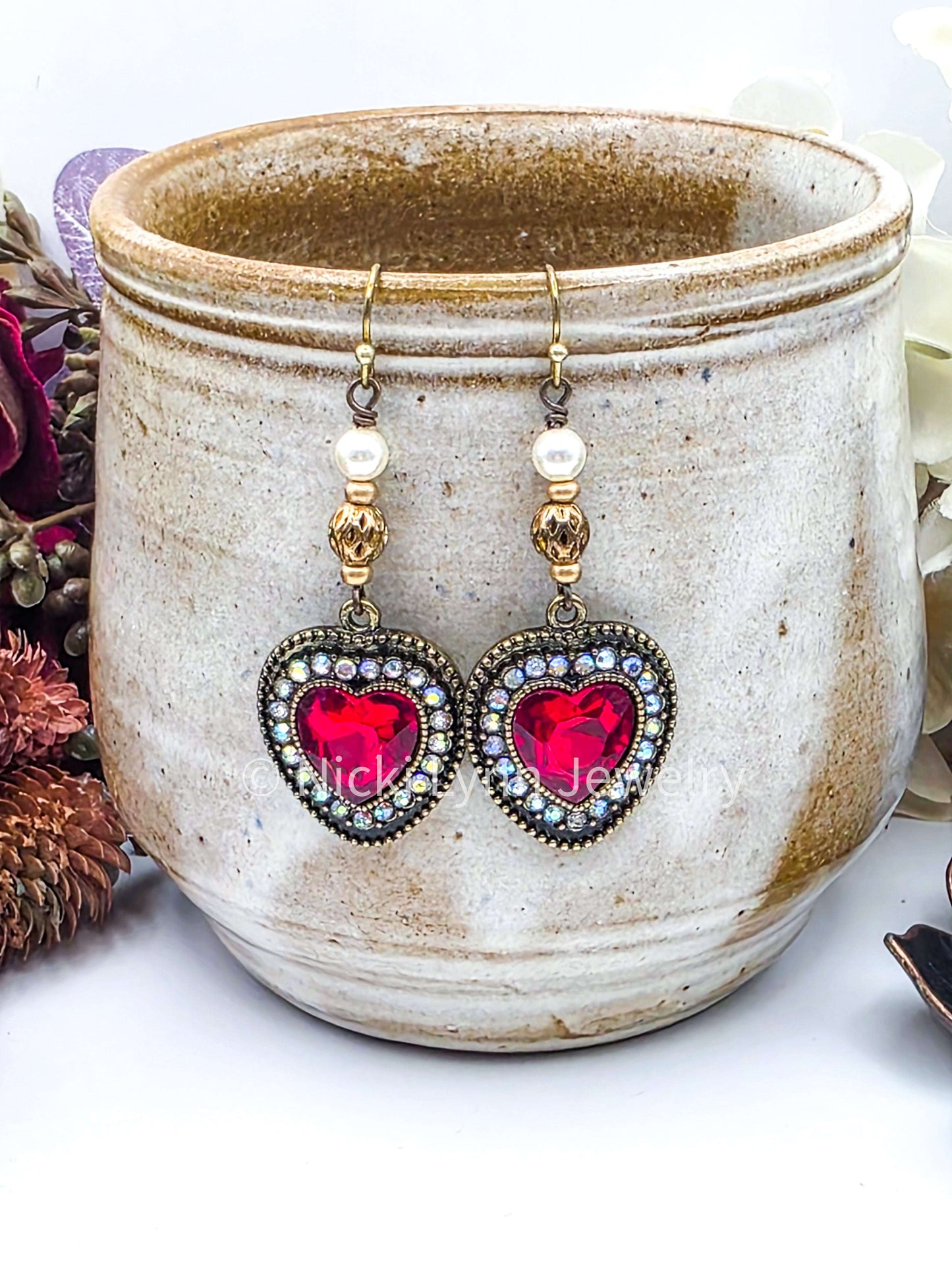 Red Heart Rhinestone Dangle Earrings – Burnished Gold, Nicki Lynn Jewelry 