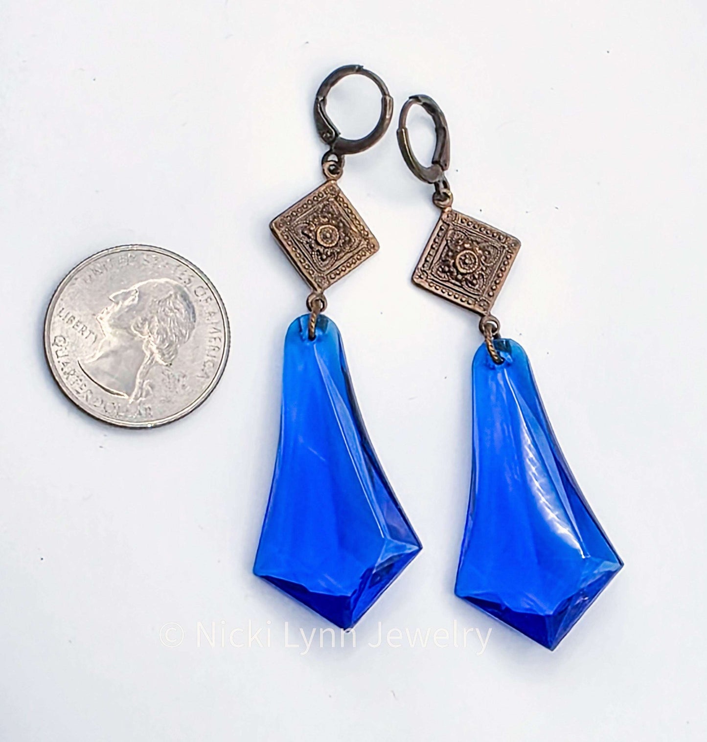 Cobalt Blue Faceted Acrylic & Brass Dangle Earrings, Nicki Lynn Jewelry 