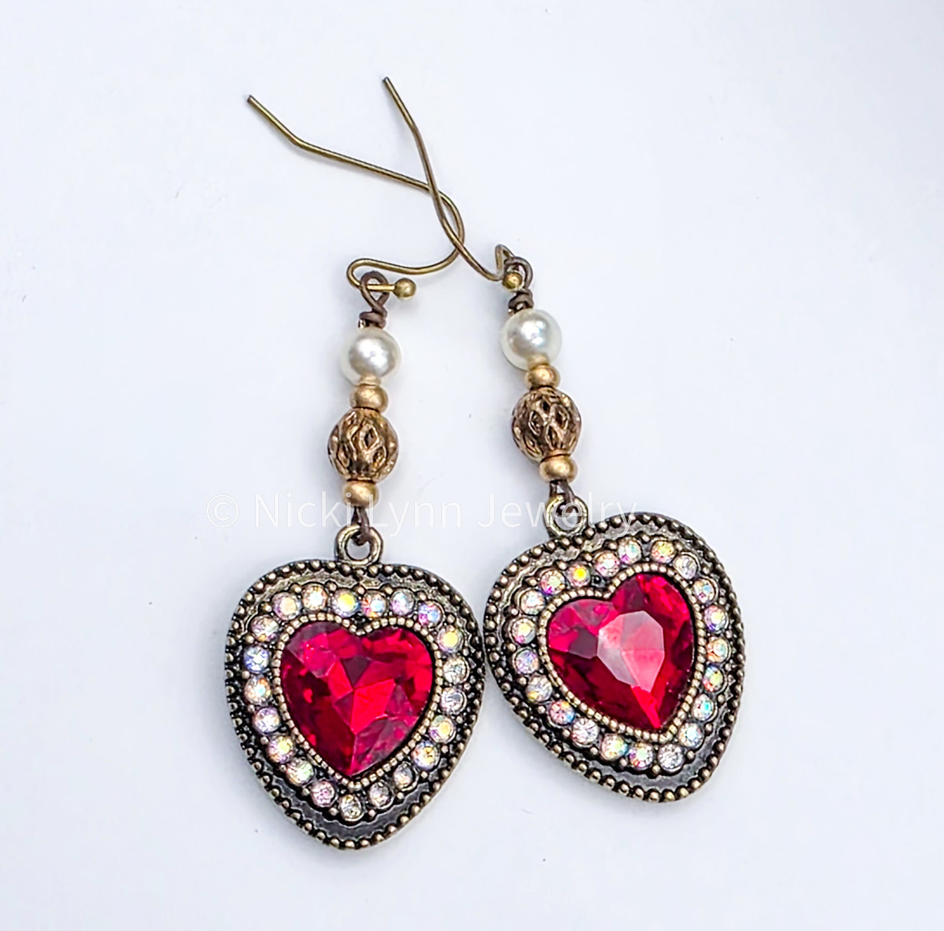 Red Heart Rhinestone Dangle Earrings – Burnished Gold, Nicki Lynn Jewelry 
