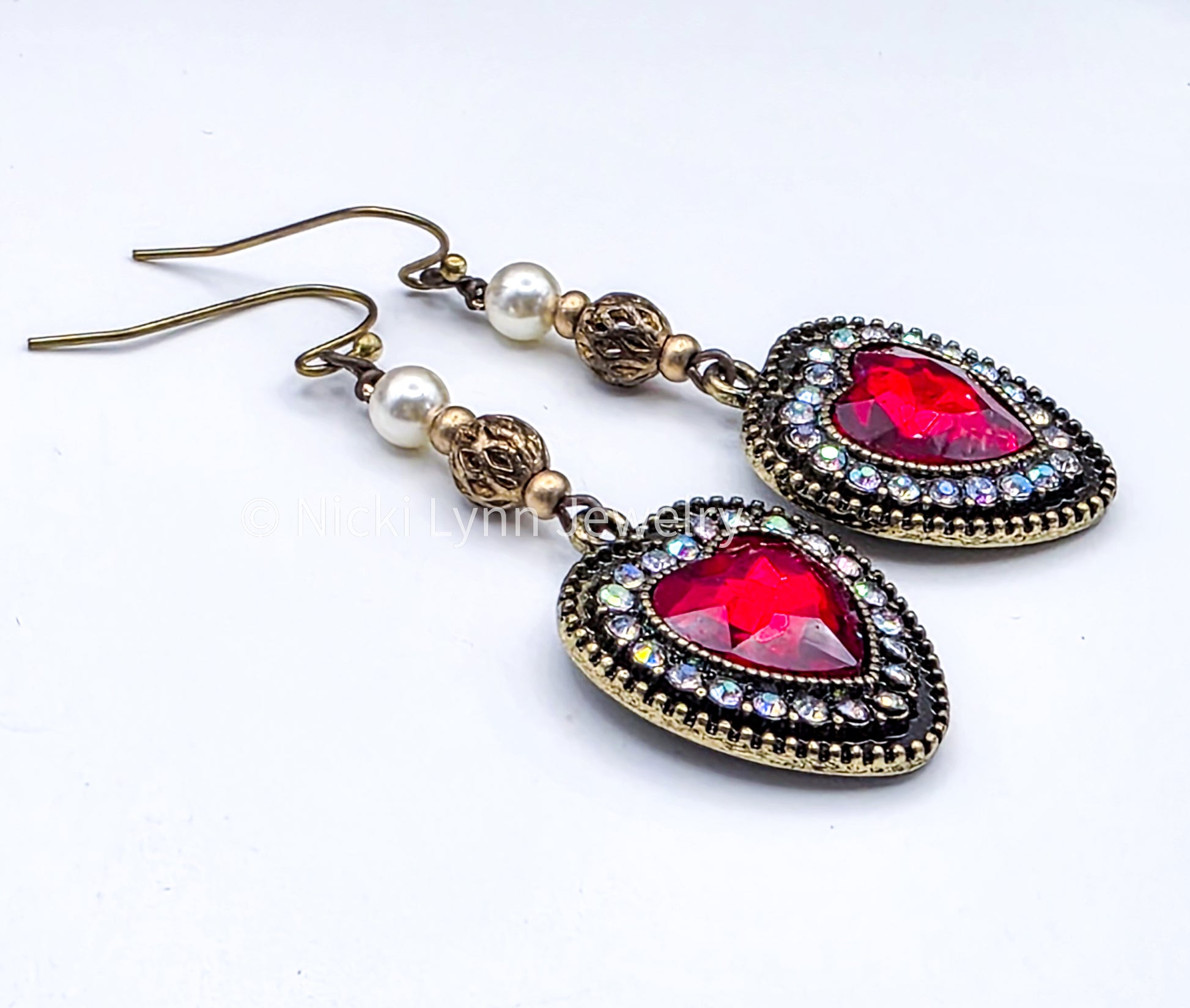 Red Heart Rhinestone Dangle Earrings – Burnished Gold, Nicki Lynn Jewelry 