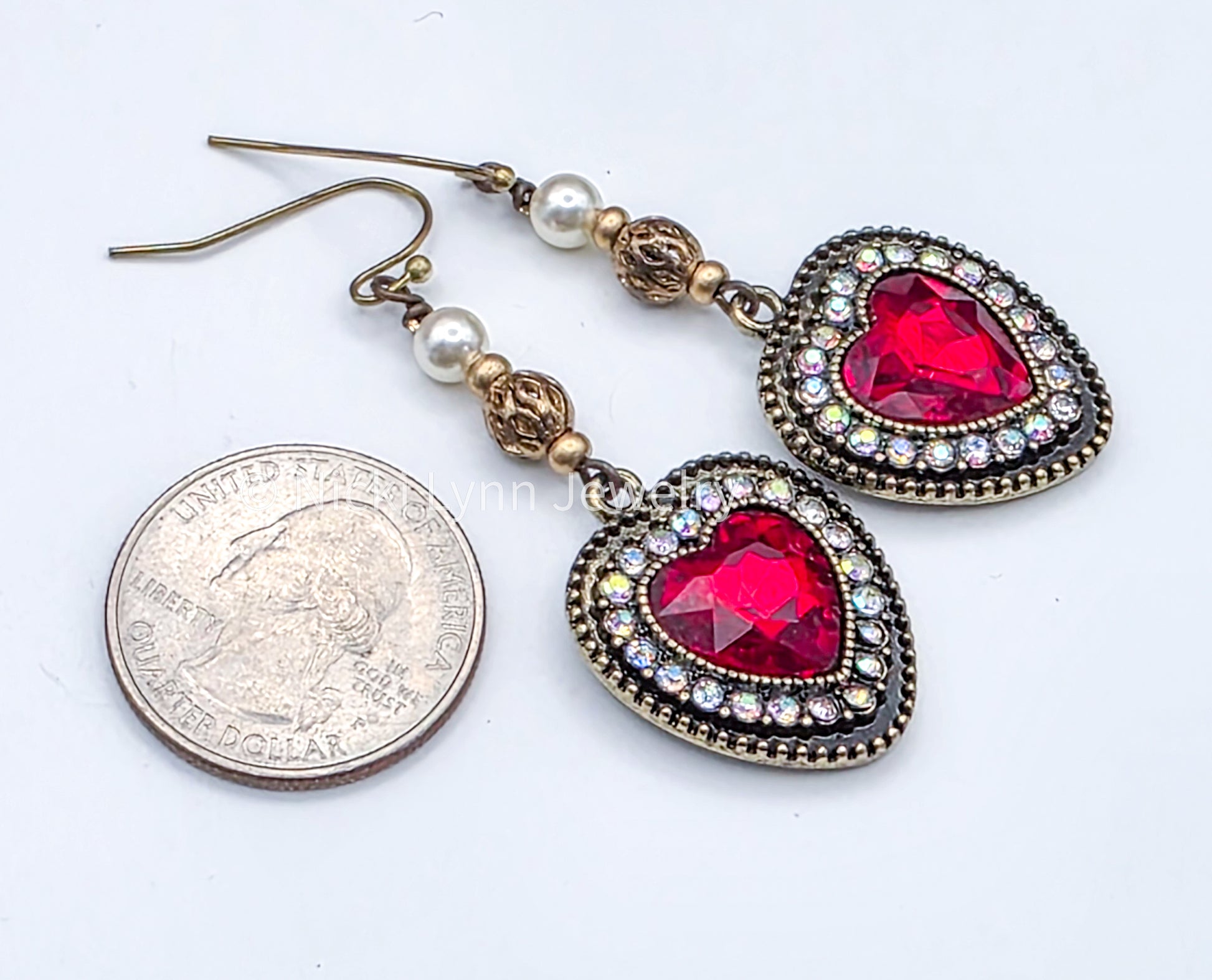 Red Heart Rhinestone Dangle Earrings – Burnished Gold, Nicki Lynn Jewelry 