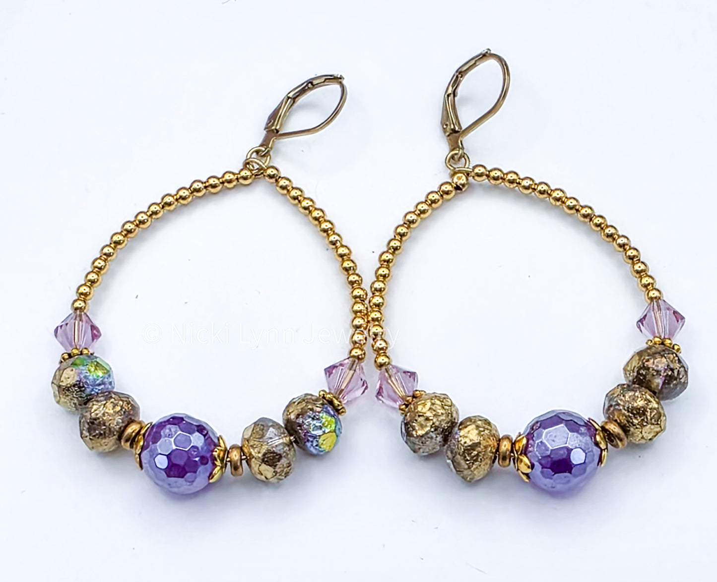 Amethyst Boho Hoop Earrings with Czech Glass & Swarovski Crystals, Nicki Lynn Jewelry 