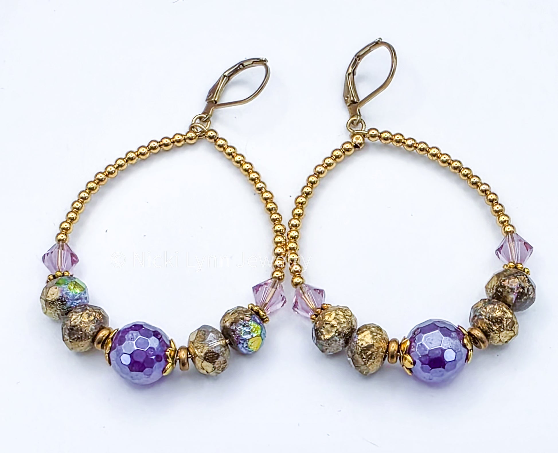 Amethyst Boho Hoop Earrings with Czech Glass & Swarovski Crystals, Nicki Lynn Jewelry 