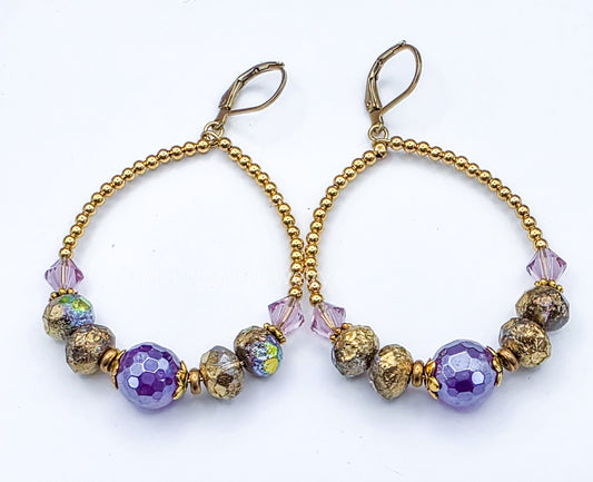 Amethyst Boho Hoop Earrings with Czech Glass & Swarovski Crystals, Nicki Lynn Jewelry 