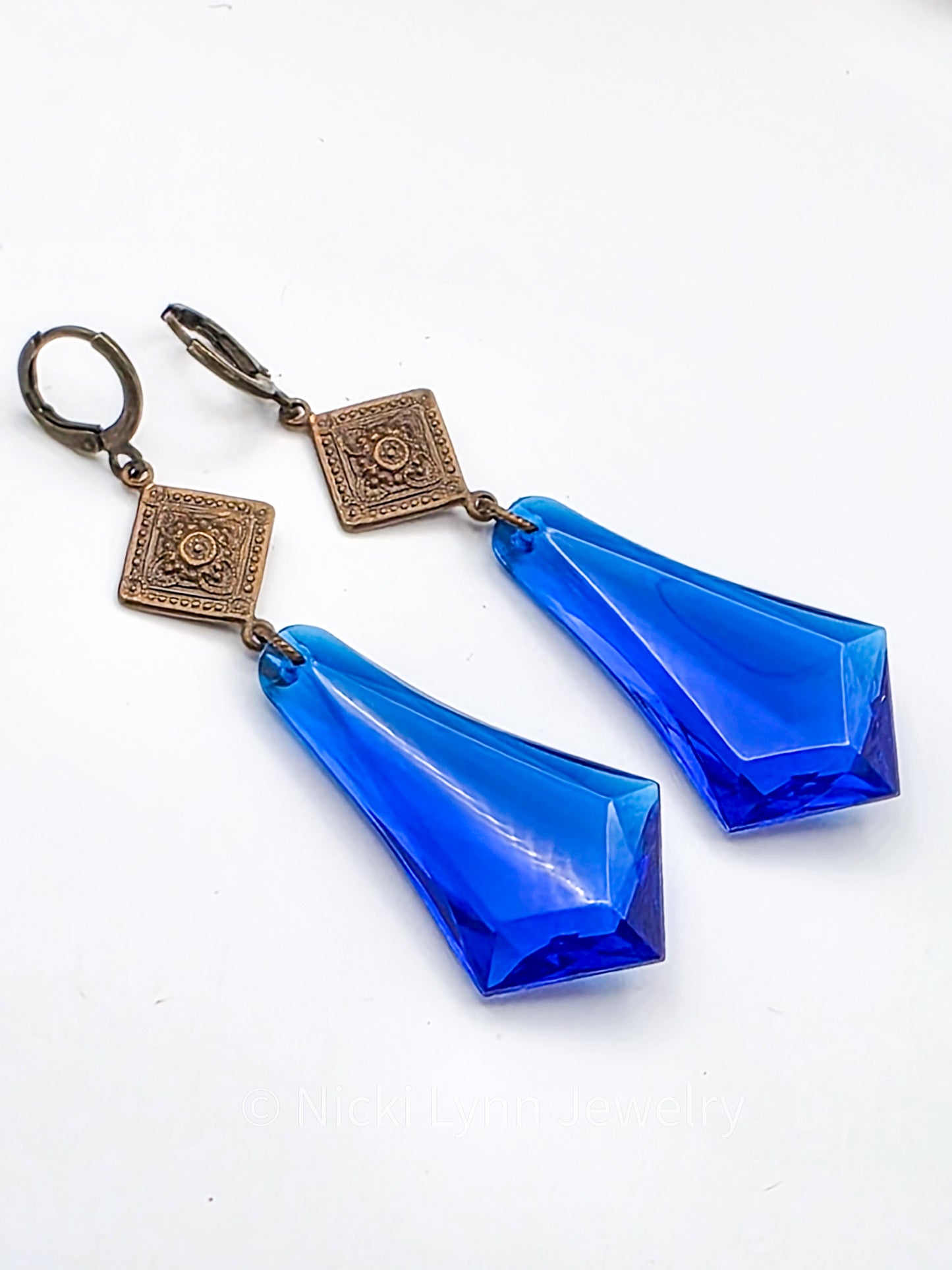 Cobalt Blue Faceted Acrylic & Brass Dangle Earrings, Nicki Lynn Jewelry 