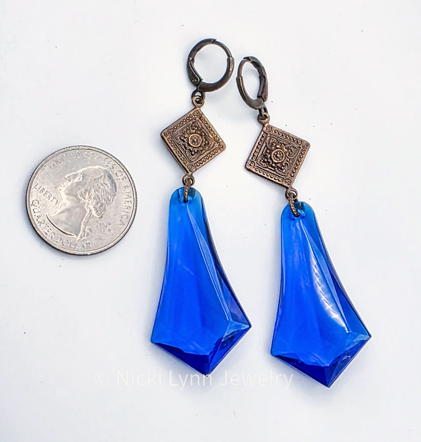 Cobalt Blue Faceted Acrylic & Brass Dangle Earrings, Nicki Lynn Jewelry 