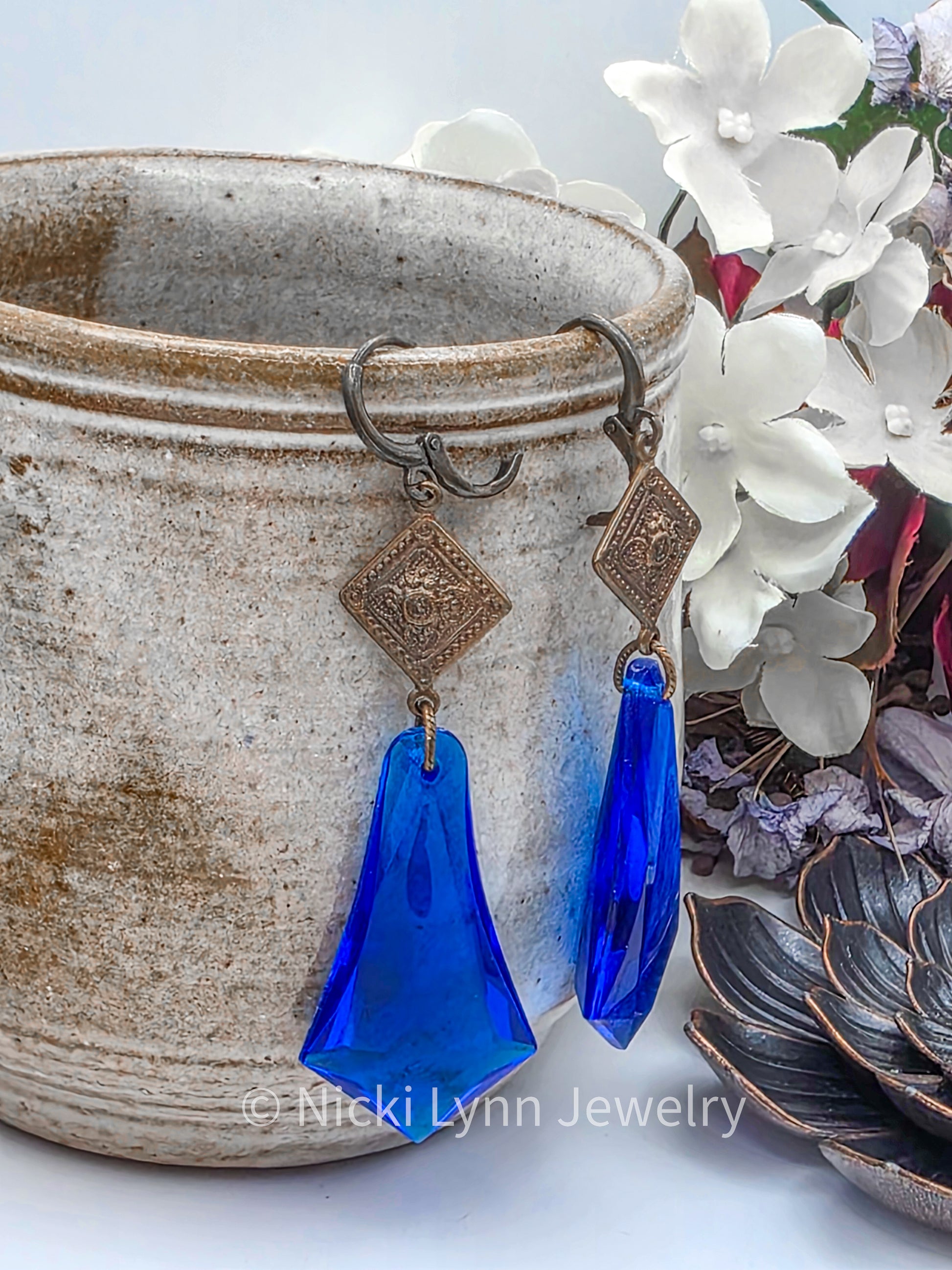 Cobalt Blue Faceted Acrylic & Brass Dangle Earrings, Nicki Lynn Jewelry 