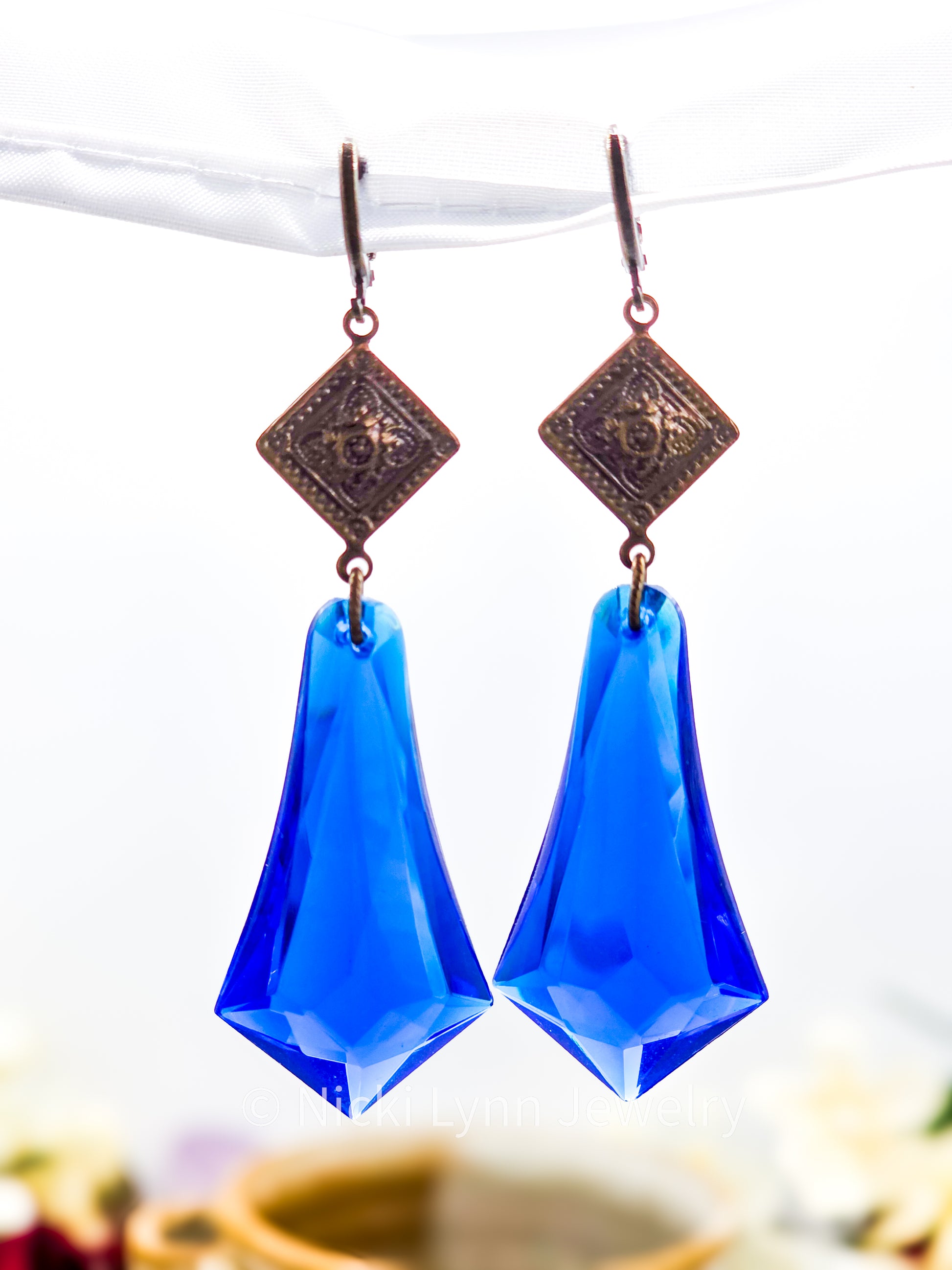 Cobalt Blue Faceted Acrylic & Brass Dangle Earrings, Nicki Lynn Jewelry 