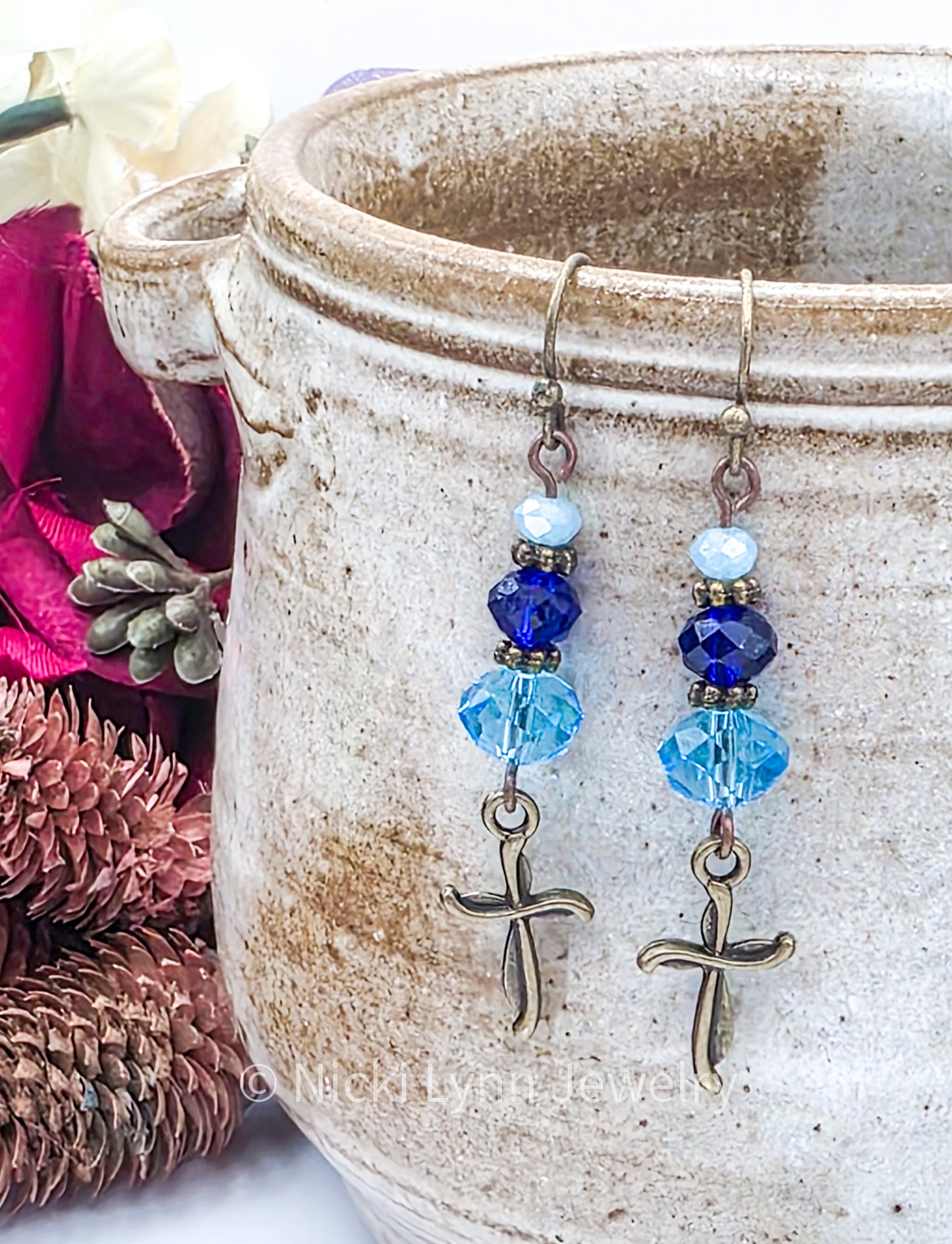 Blue Czech Glass Cross Dangle Earrings, Nicki Lynn Jewelry 