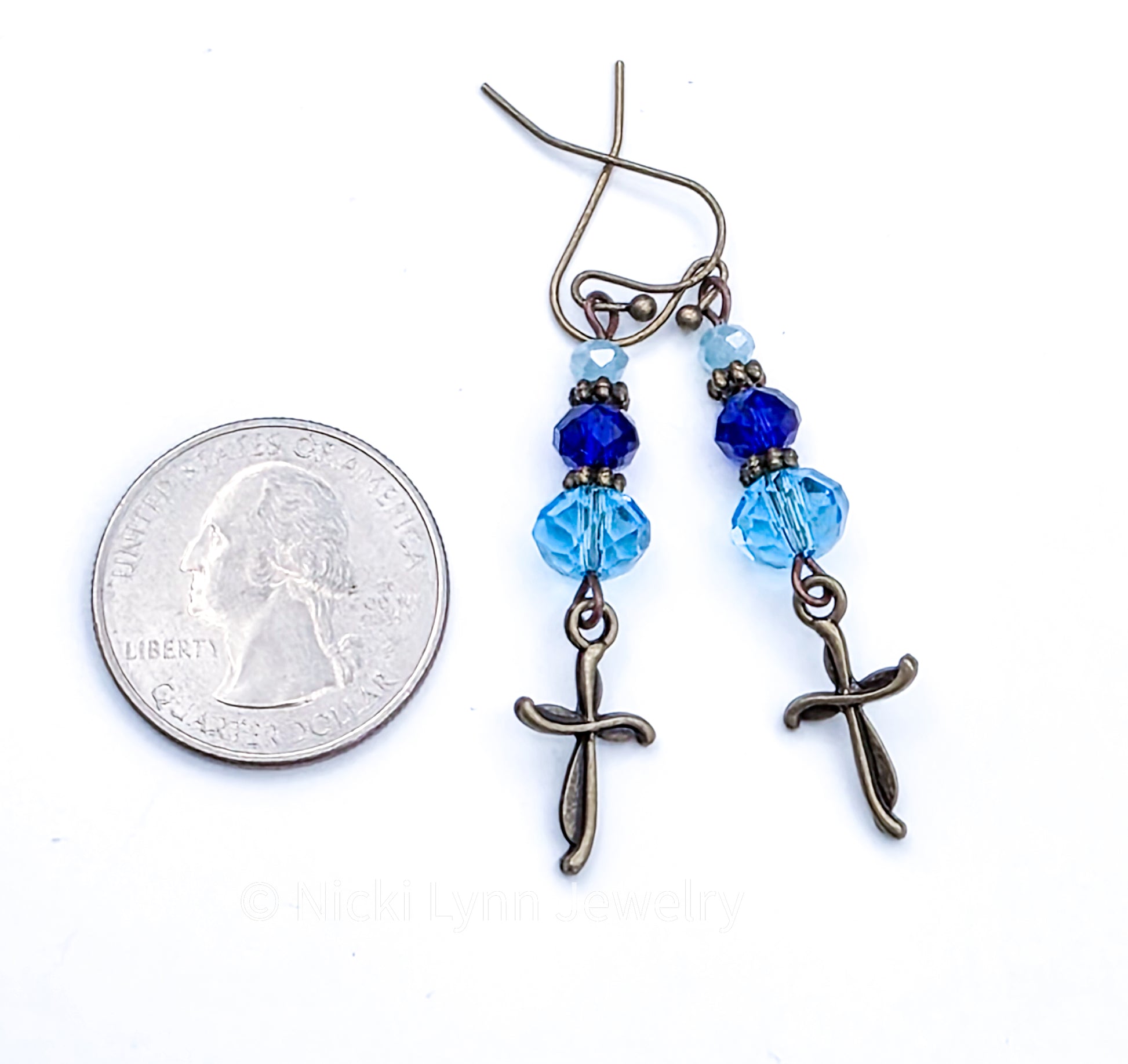 Blue Czech Glass Cross Dangle Earrings, Nicki Lynn Jewelry 