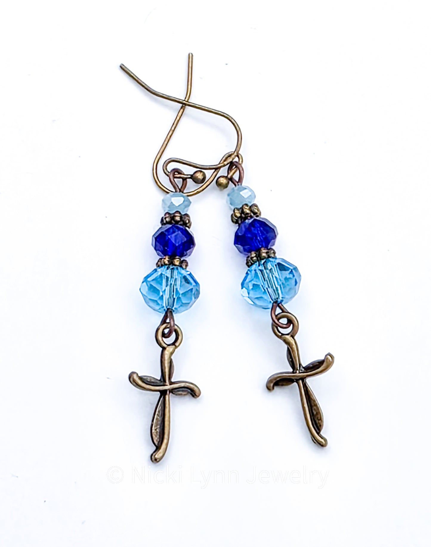 Blue Czech Glass Cross Dangle Earrings, Nicki Lynn Jewelry 