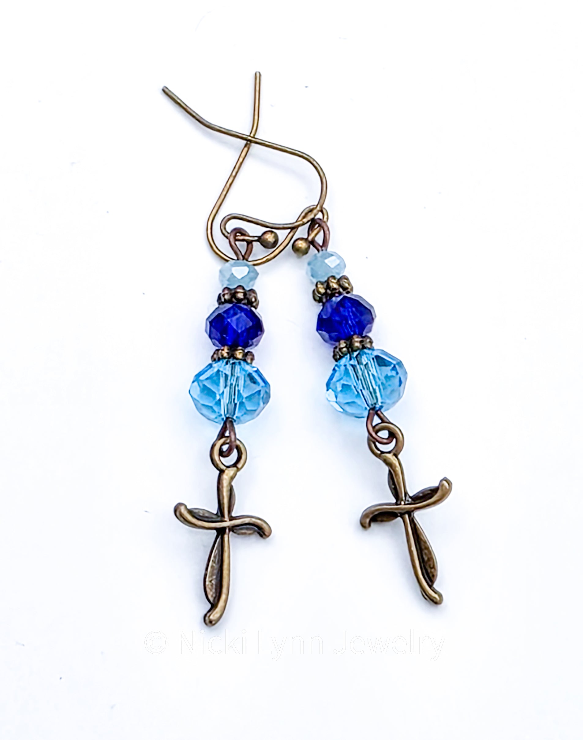Blue Czech Glass Cross Dangle Earrings, Nicki Lynn Jewelry 