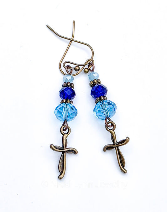 Blue Czech Glass Cross Dangle Earrings, Nicki Lynn Jewelry 