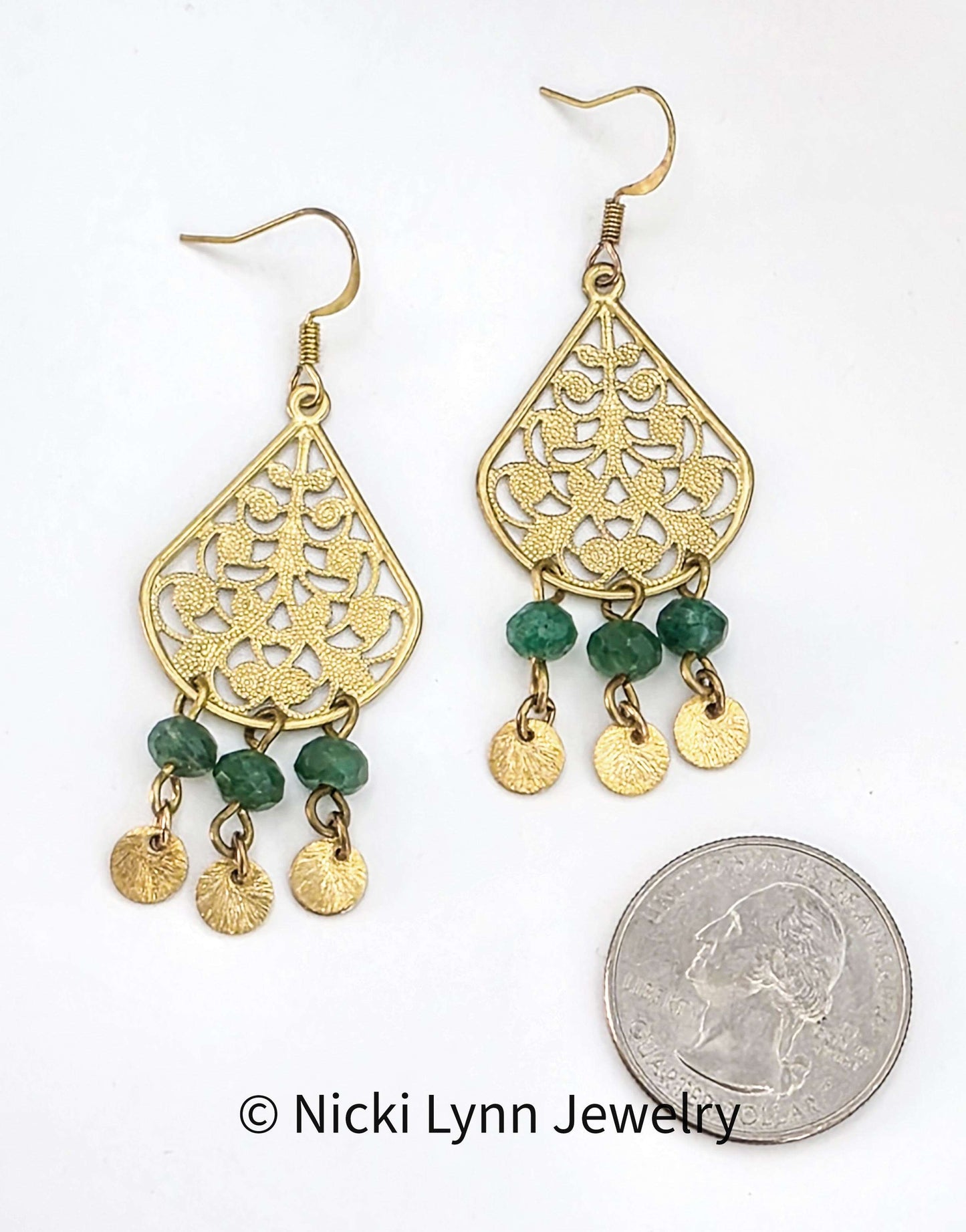 Golden Filigree Teardrop Earrings with Green Semi Precious Stones, Nicki Lynn Jewelry 